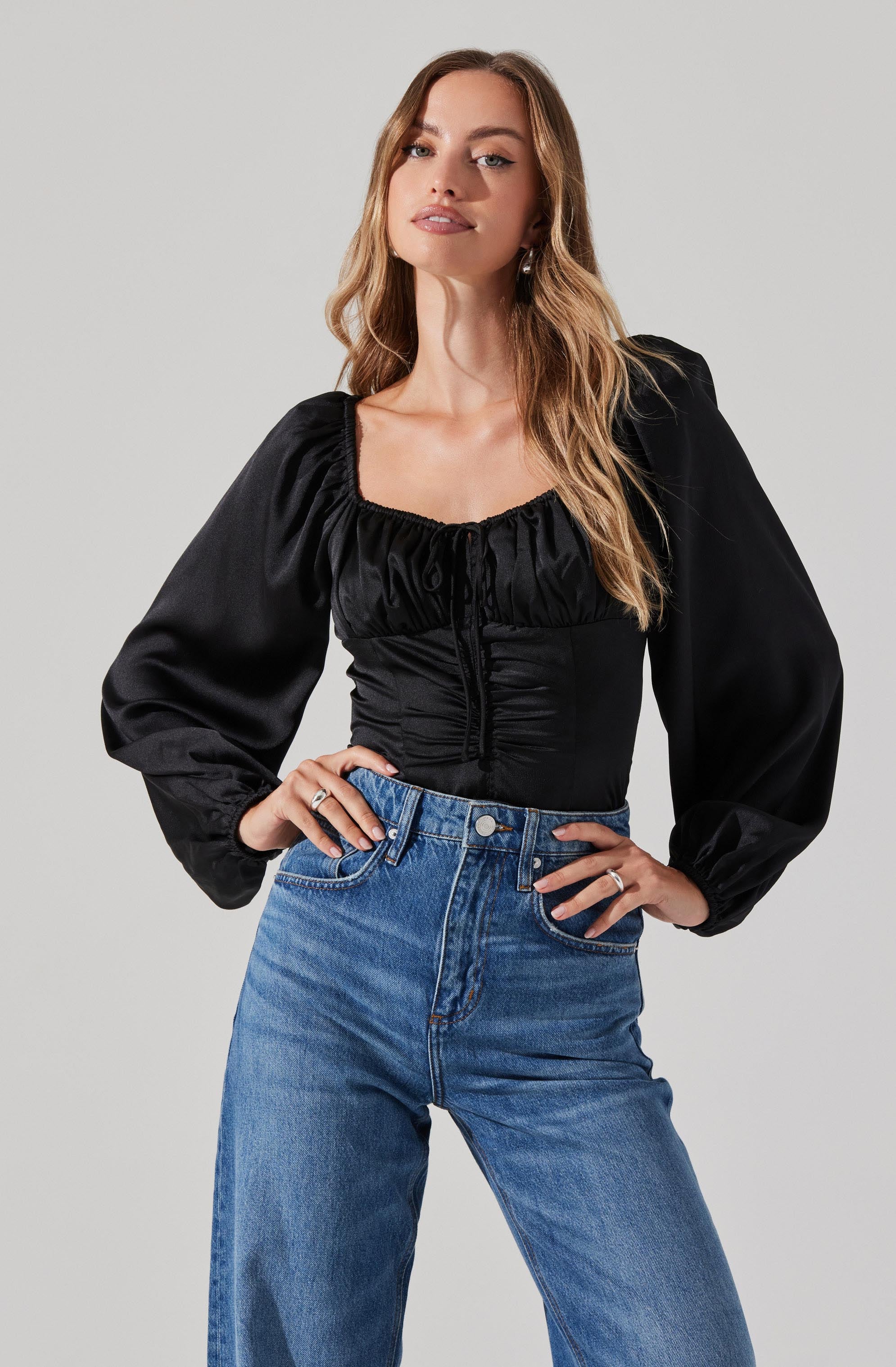 Ruched Bustier Puff Sleeve Top-Aljck