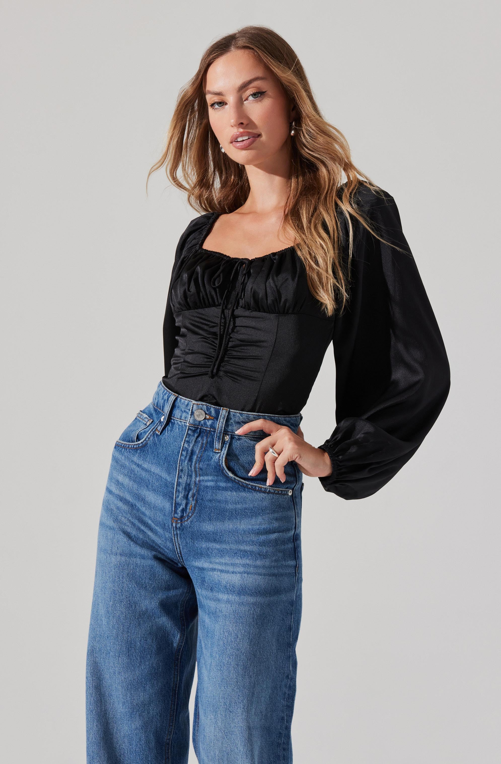 Ruched Bustier Puff Sleeve Top-Aljck