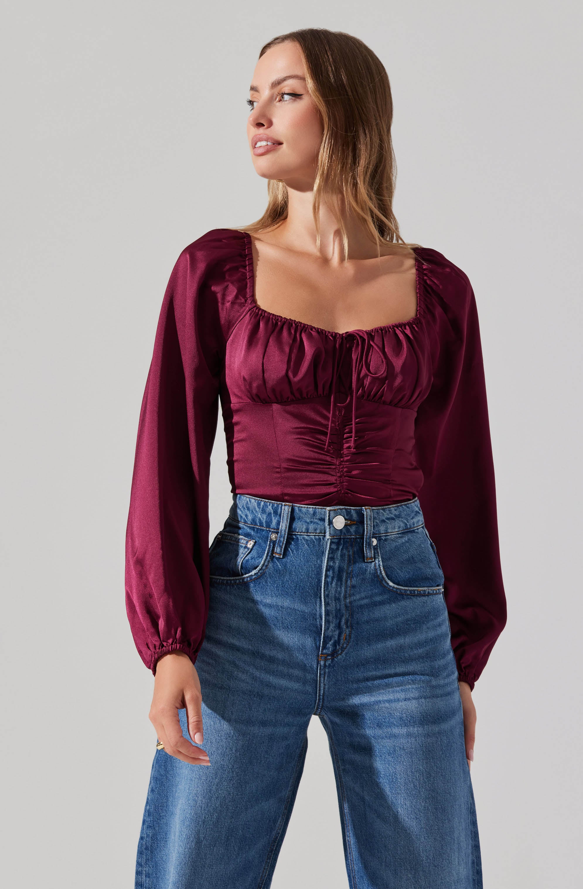 Ruched Bustier Puff Sleeve Top-Aljck