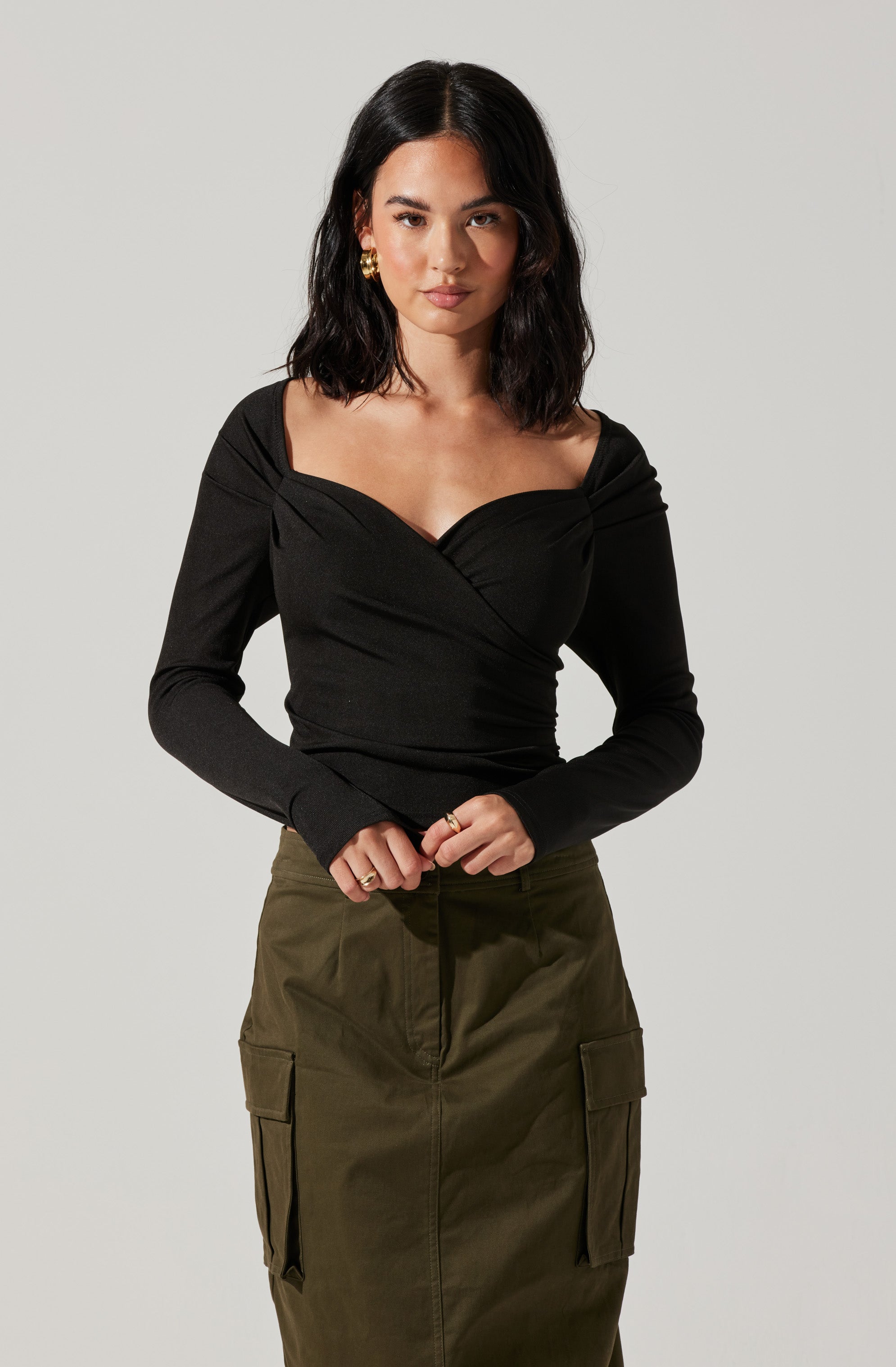 Surplice Long Sleeve Knit Top-Aljck