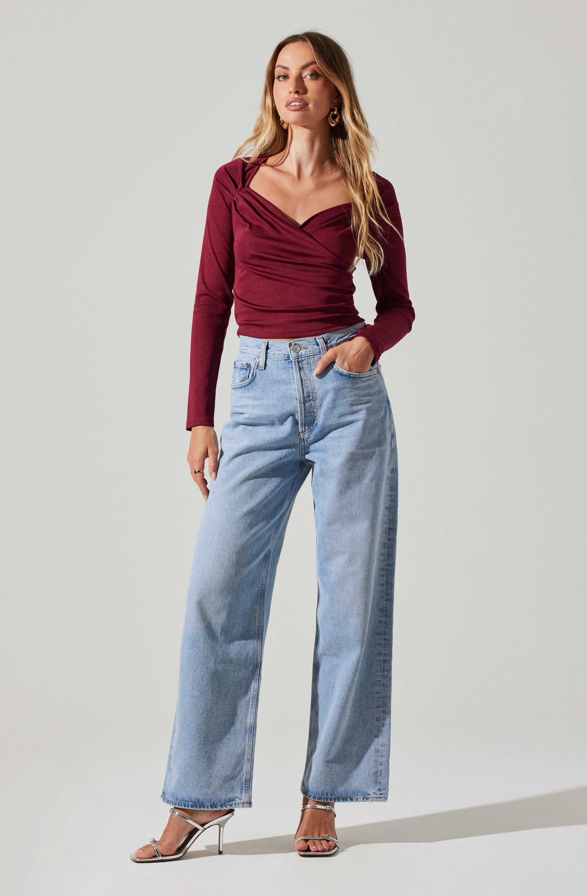 Surplice Long Sleeve Knit Top-Aljck