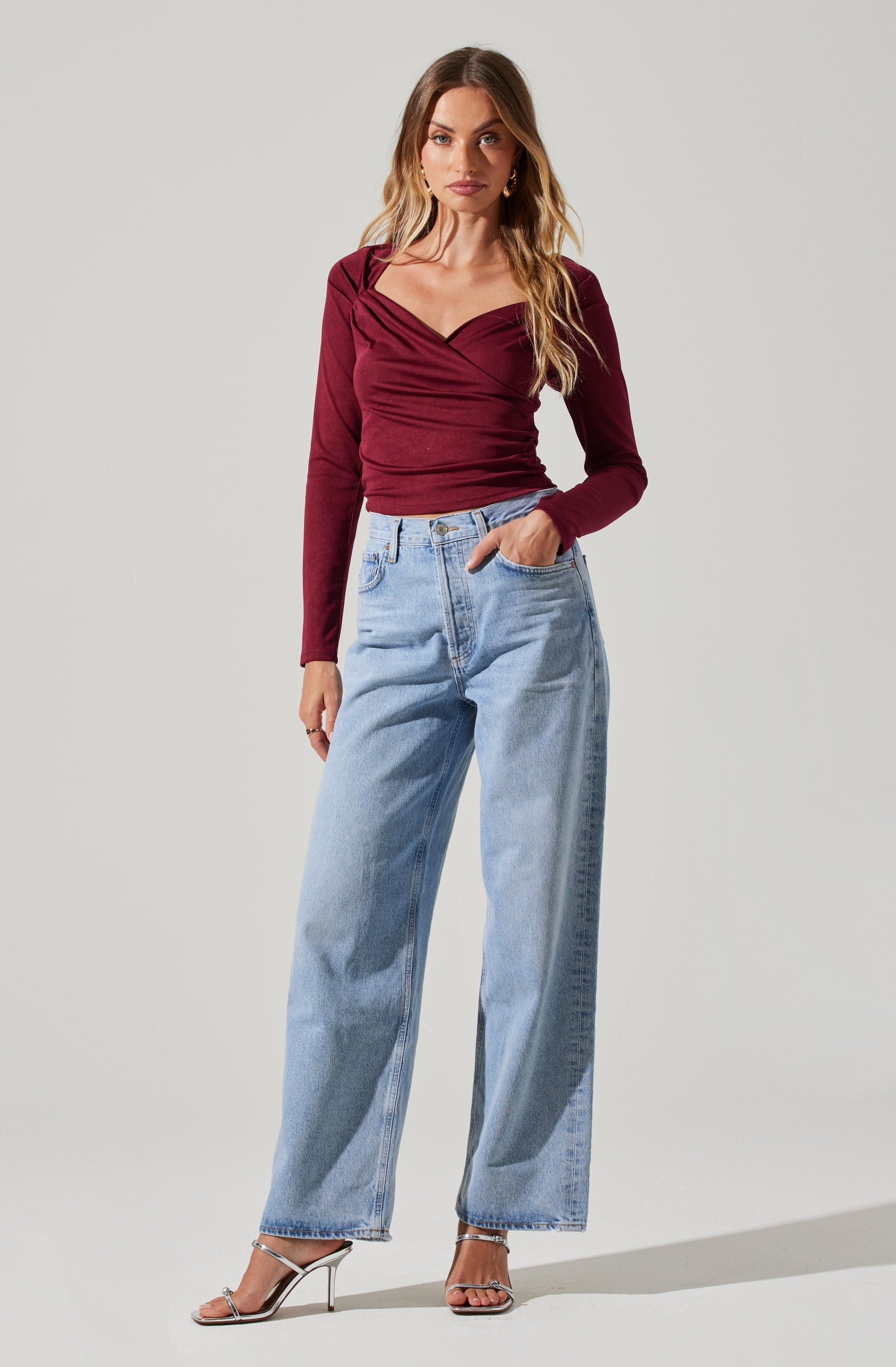 Surplice Long Sleeve Knit Top-Aljck