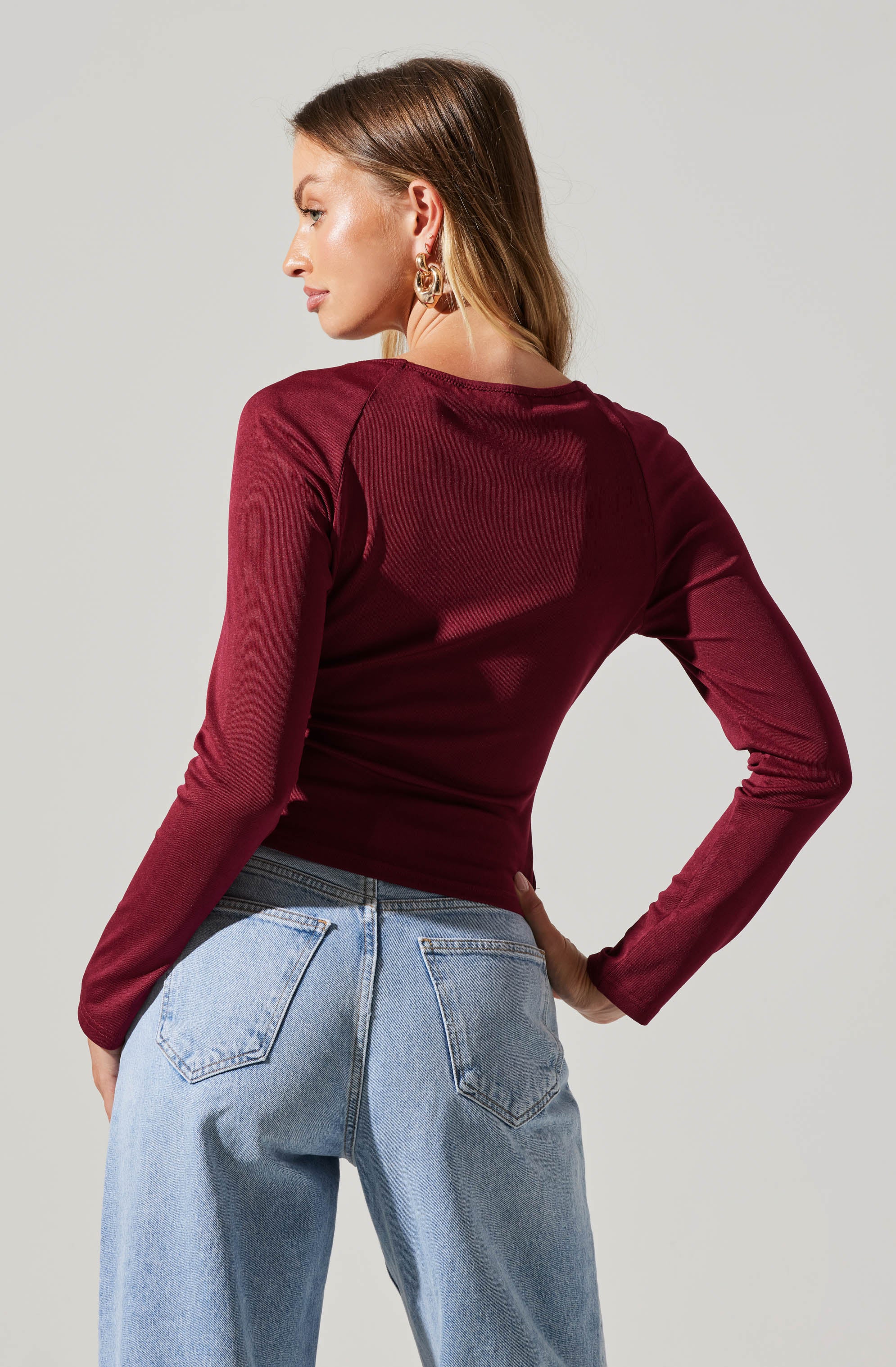 Surplice Long Sleeve Knit Top-Aljck