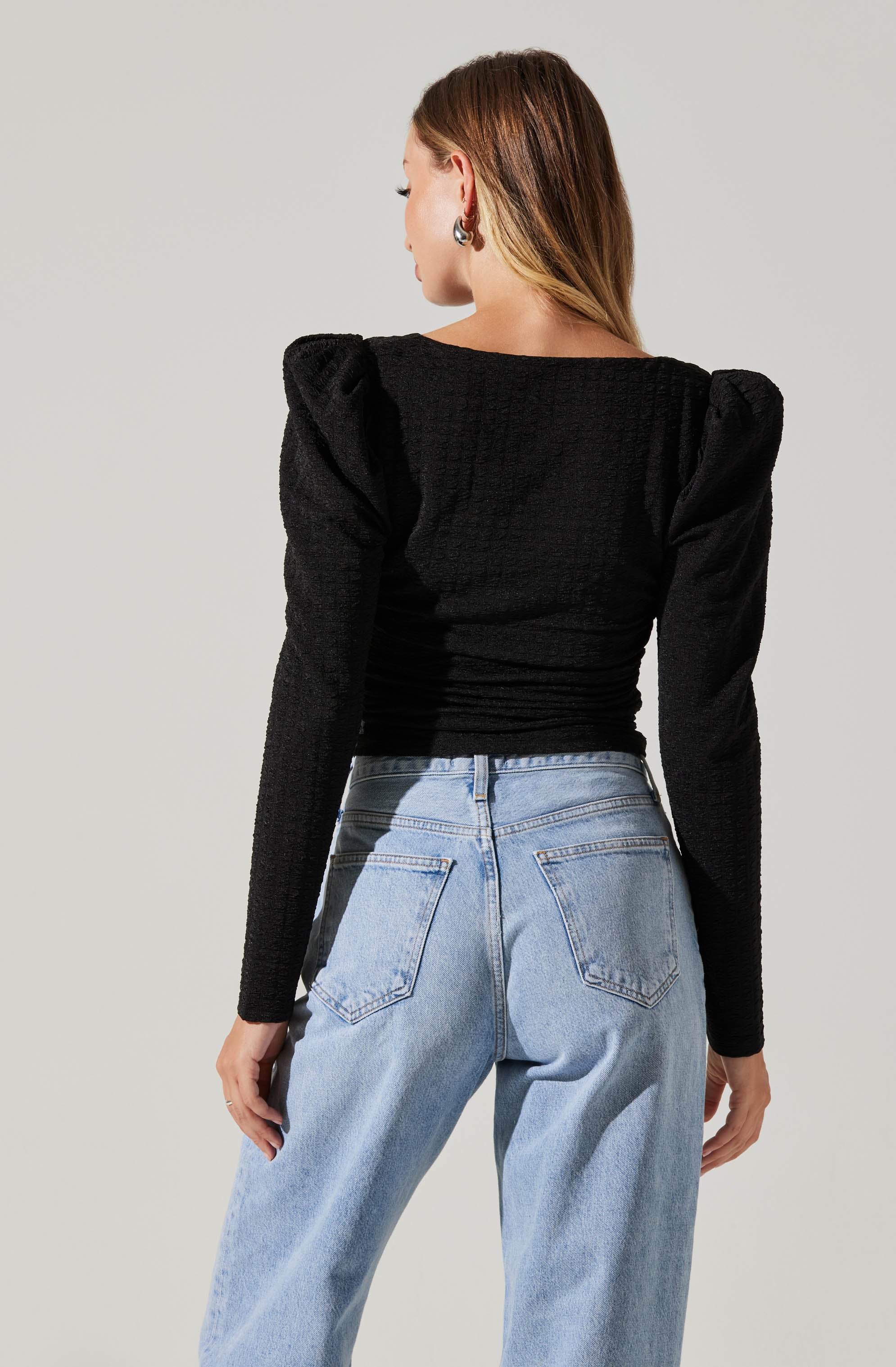Textured Knit Puff Sleeve Top-Aljck