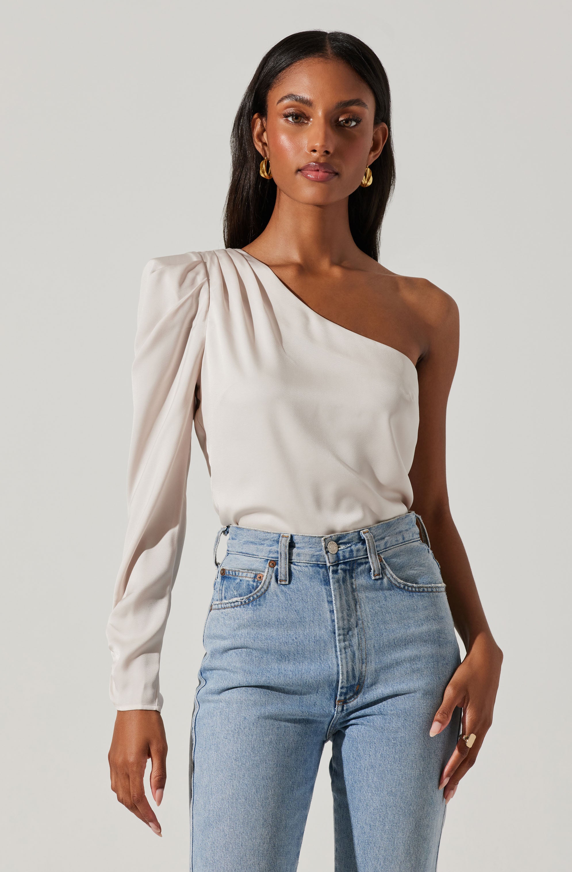 Asymmetrical Puff Sleeve Top-Aljck