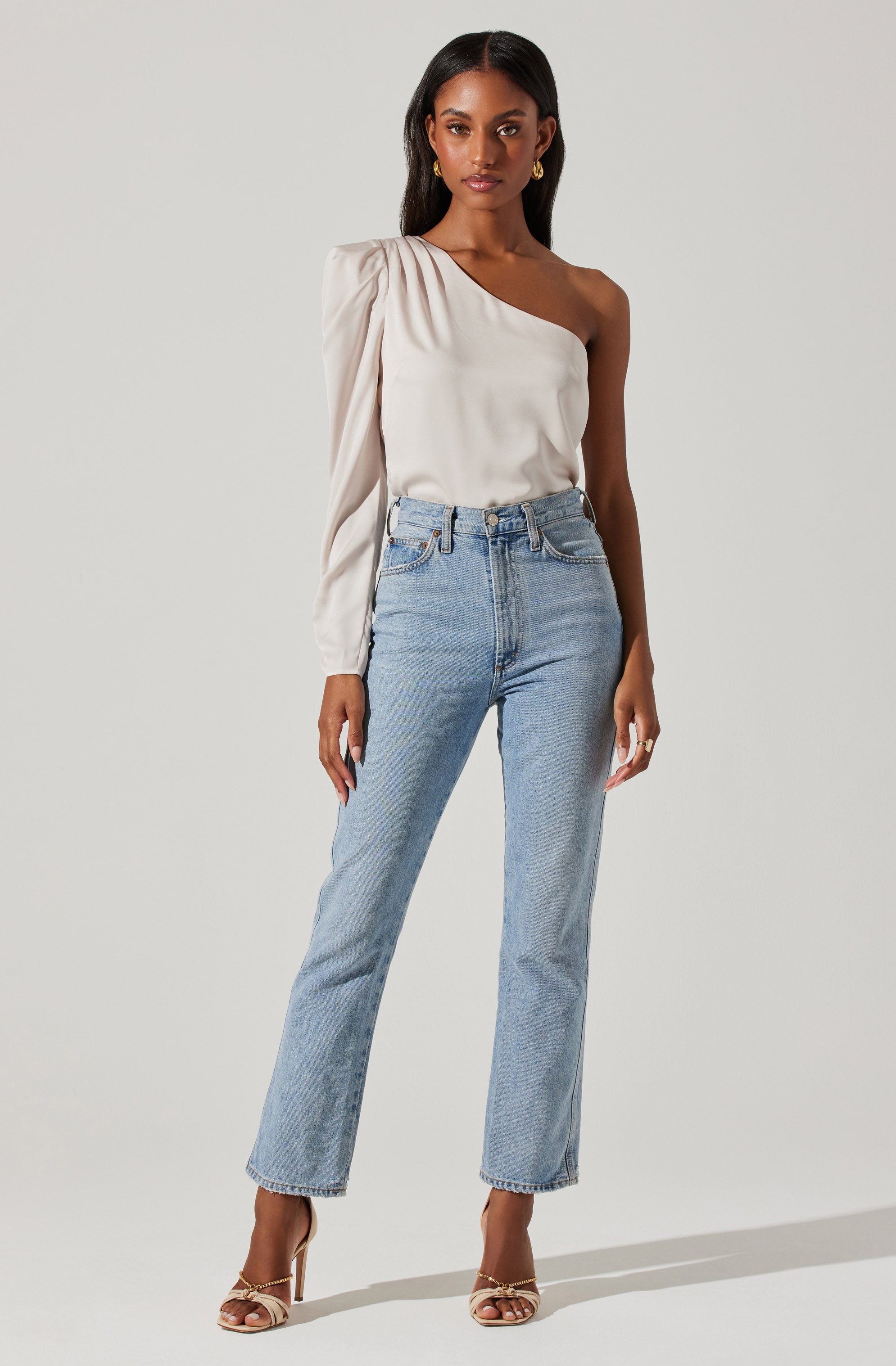 Asymmetrical Puff Sleeve Top-Aljck