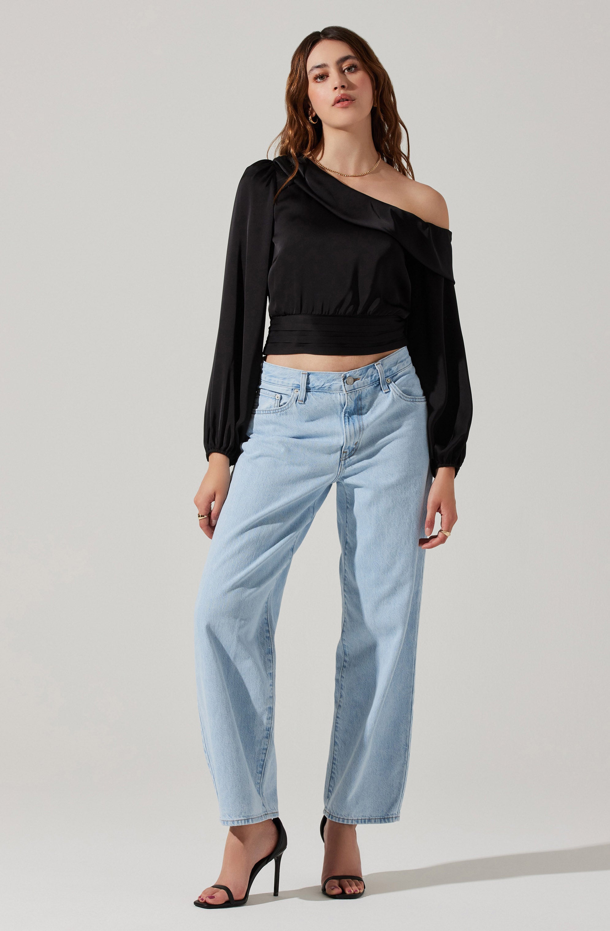 Asymmetrical Cinched Waist Long Sleeve Top-Aljck