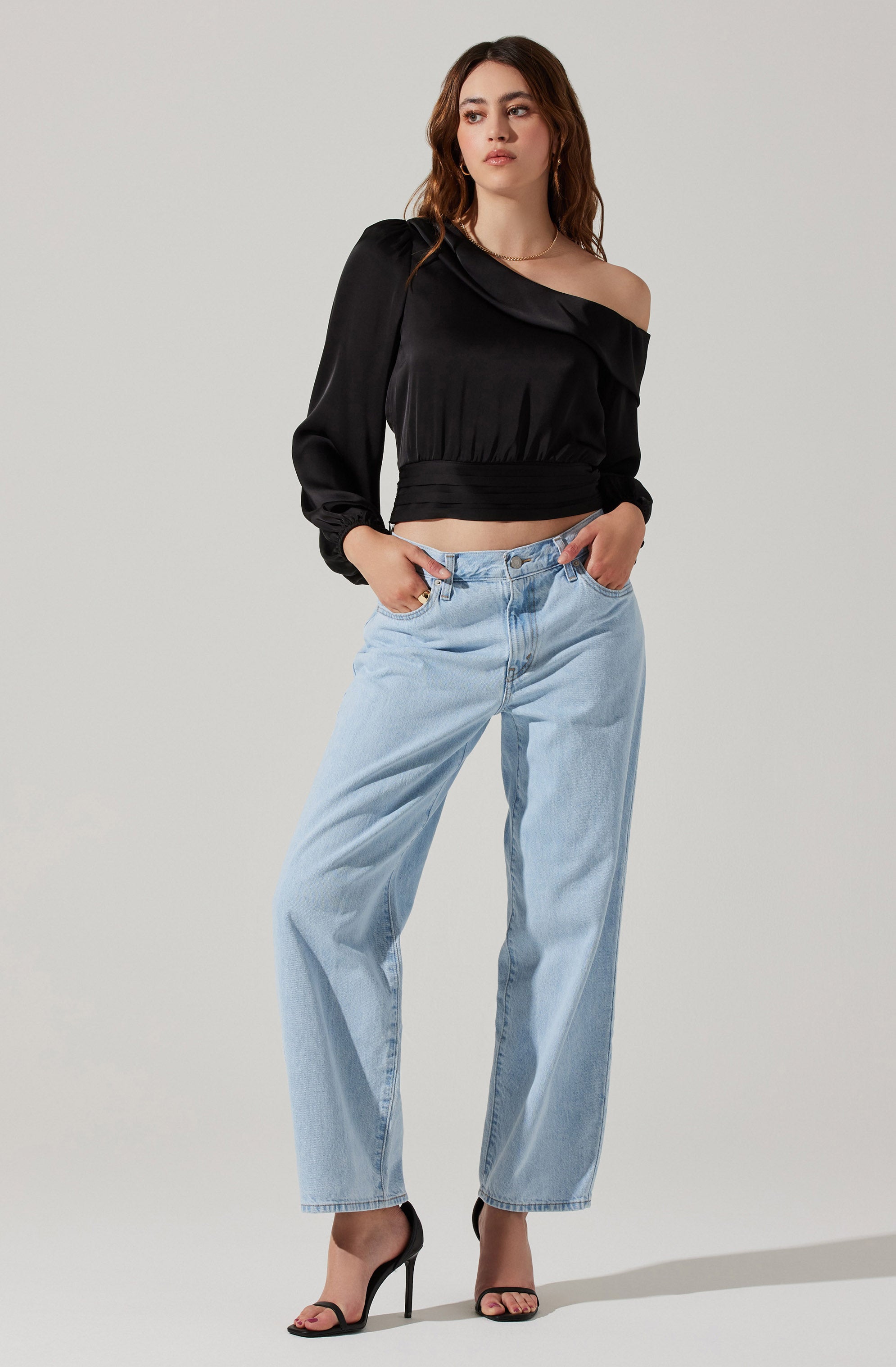 Asymmetrical Cinched Waist Long Sleeve Top-Aljck