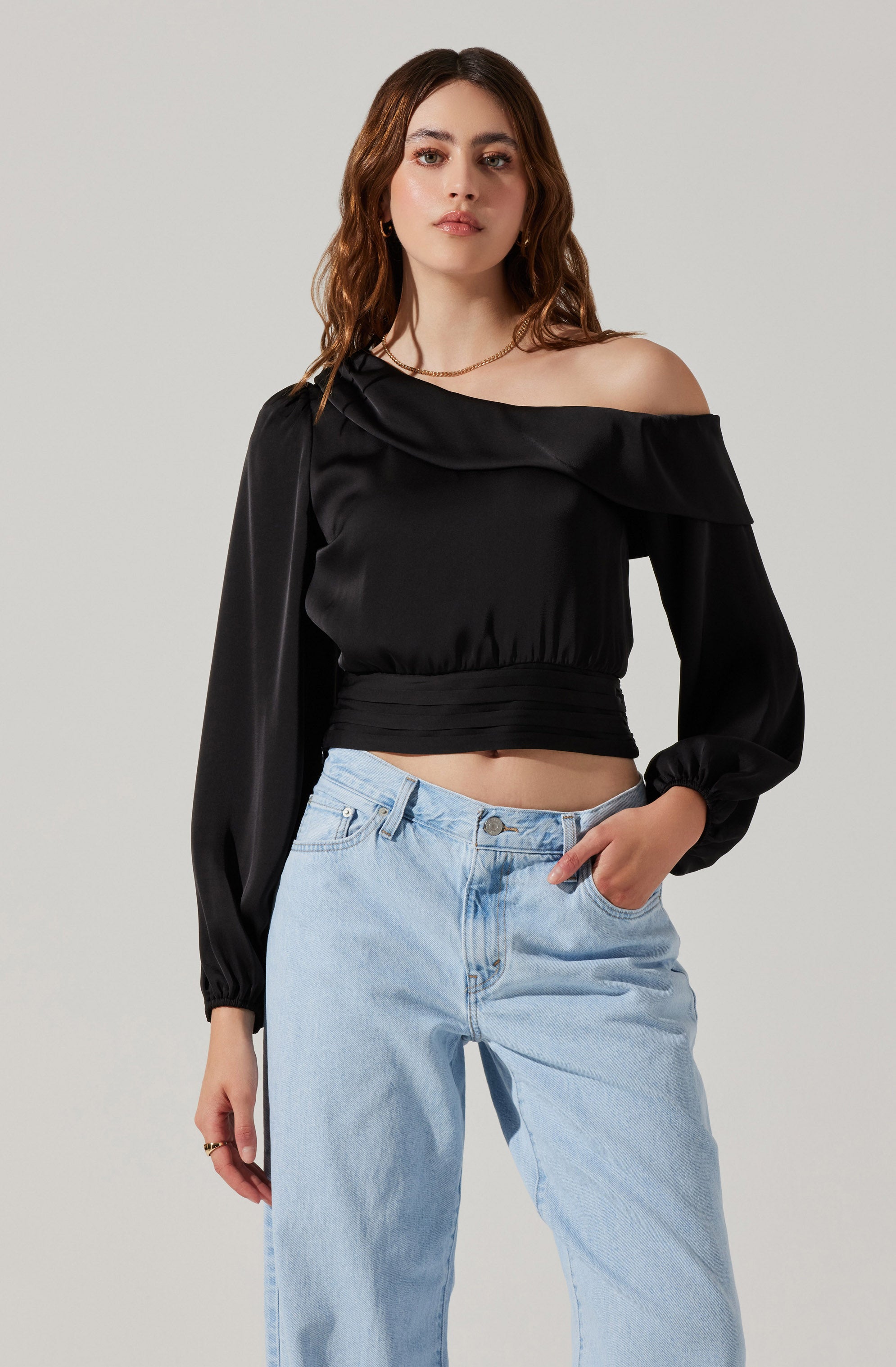 Asymmetrical Cinched Waist Long Sleeve Top-Aljck