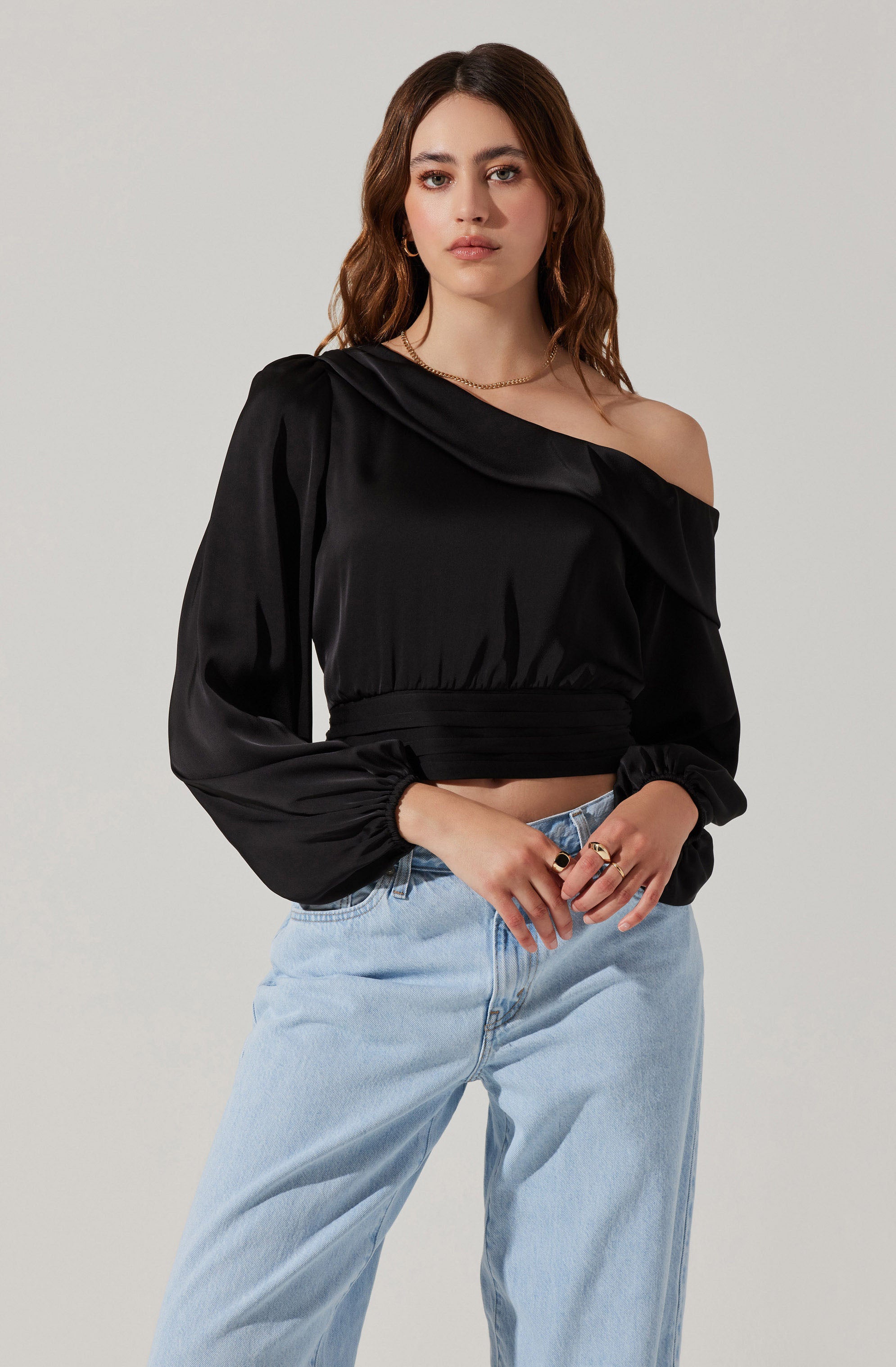 Asymmetrical Cinched Waist Long Sleeve Top-Aljck