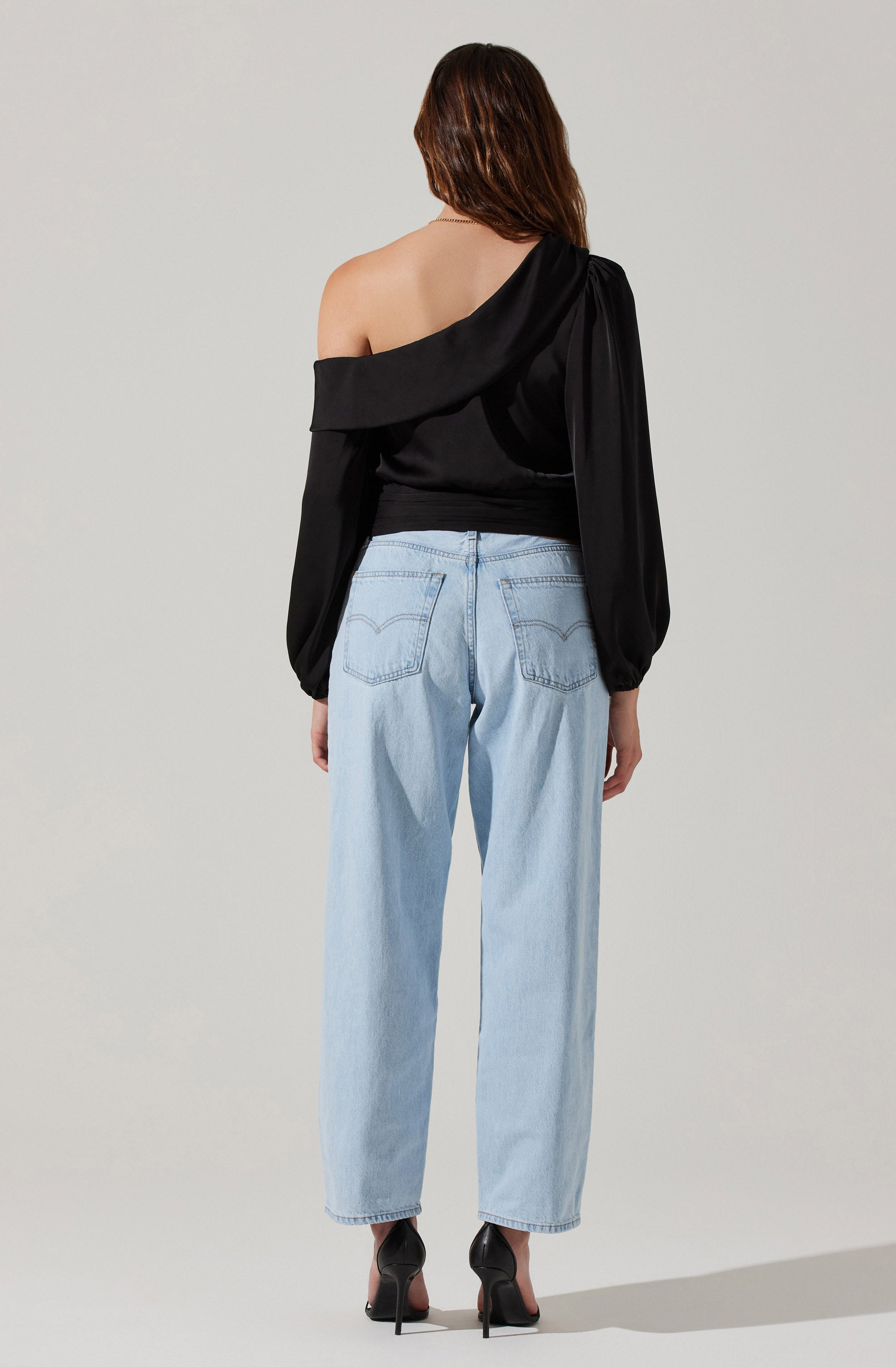 Asymmetrical Cinched Waist Long Sleeve Top-Aljck