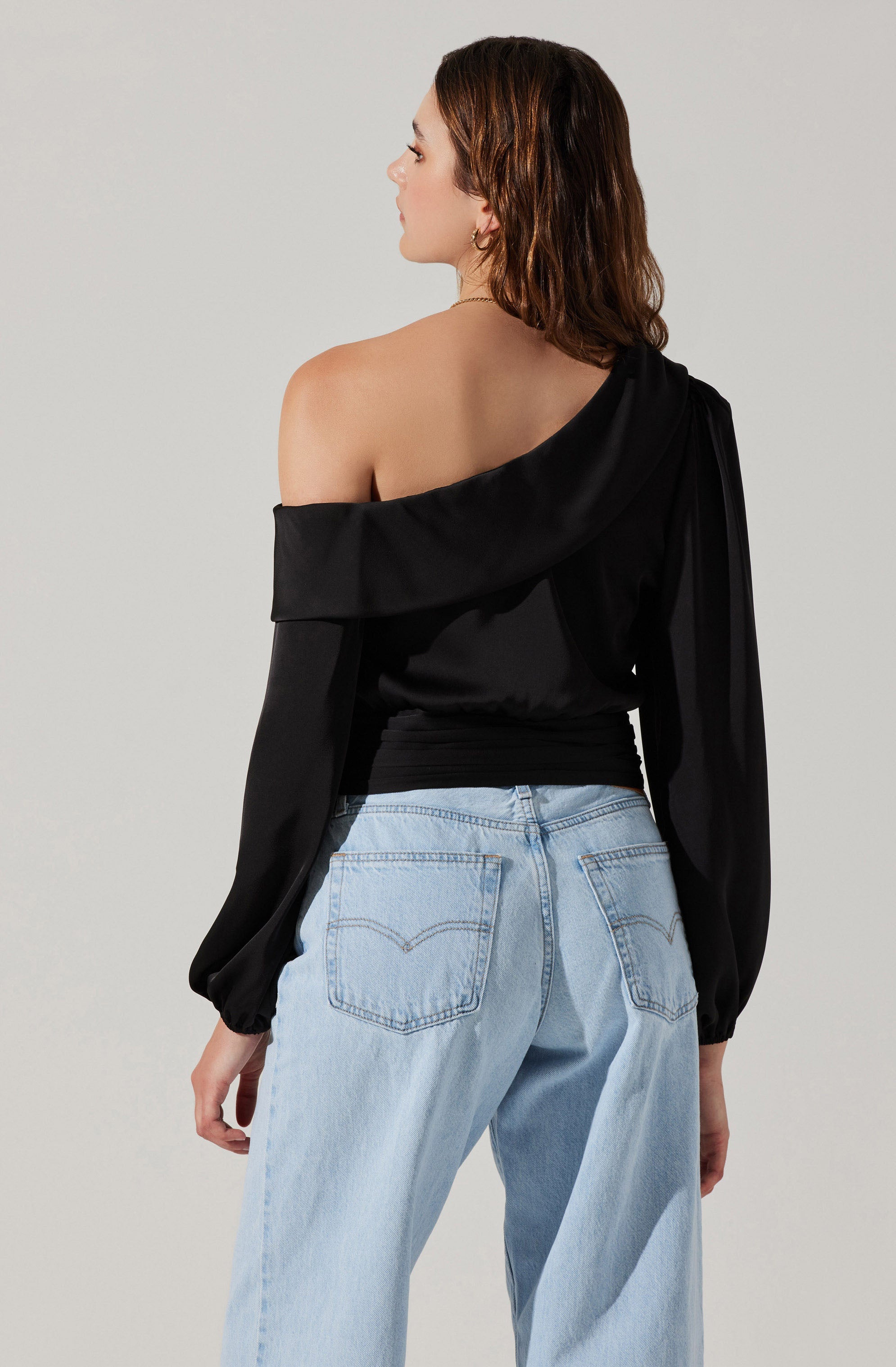 Asymmetrical Cinched Waist Long Sleeve Top-Aljck