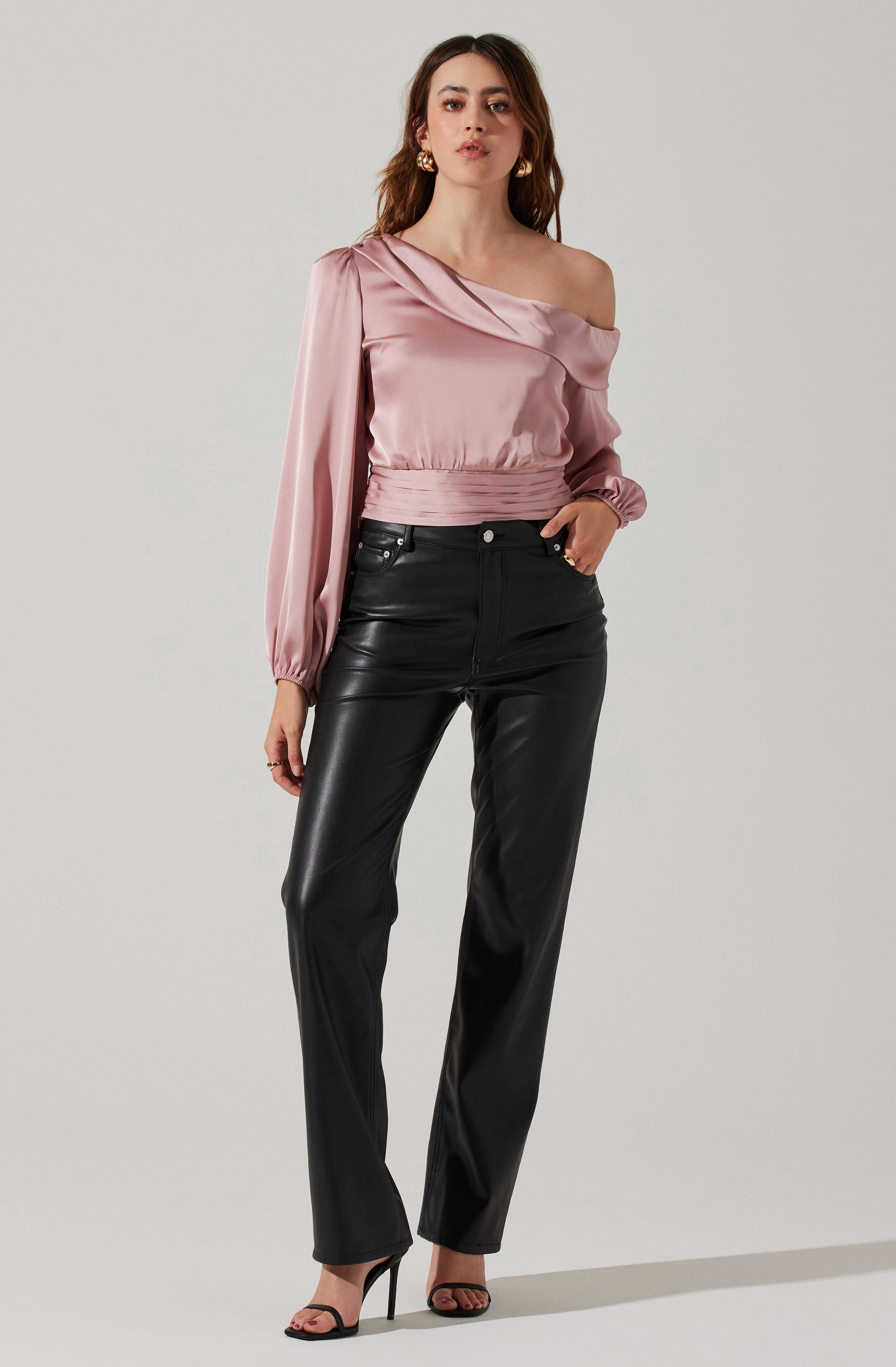 Asymmetrical Cinched Waist Long Sleeve Top-Aljck