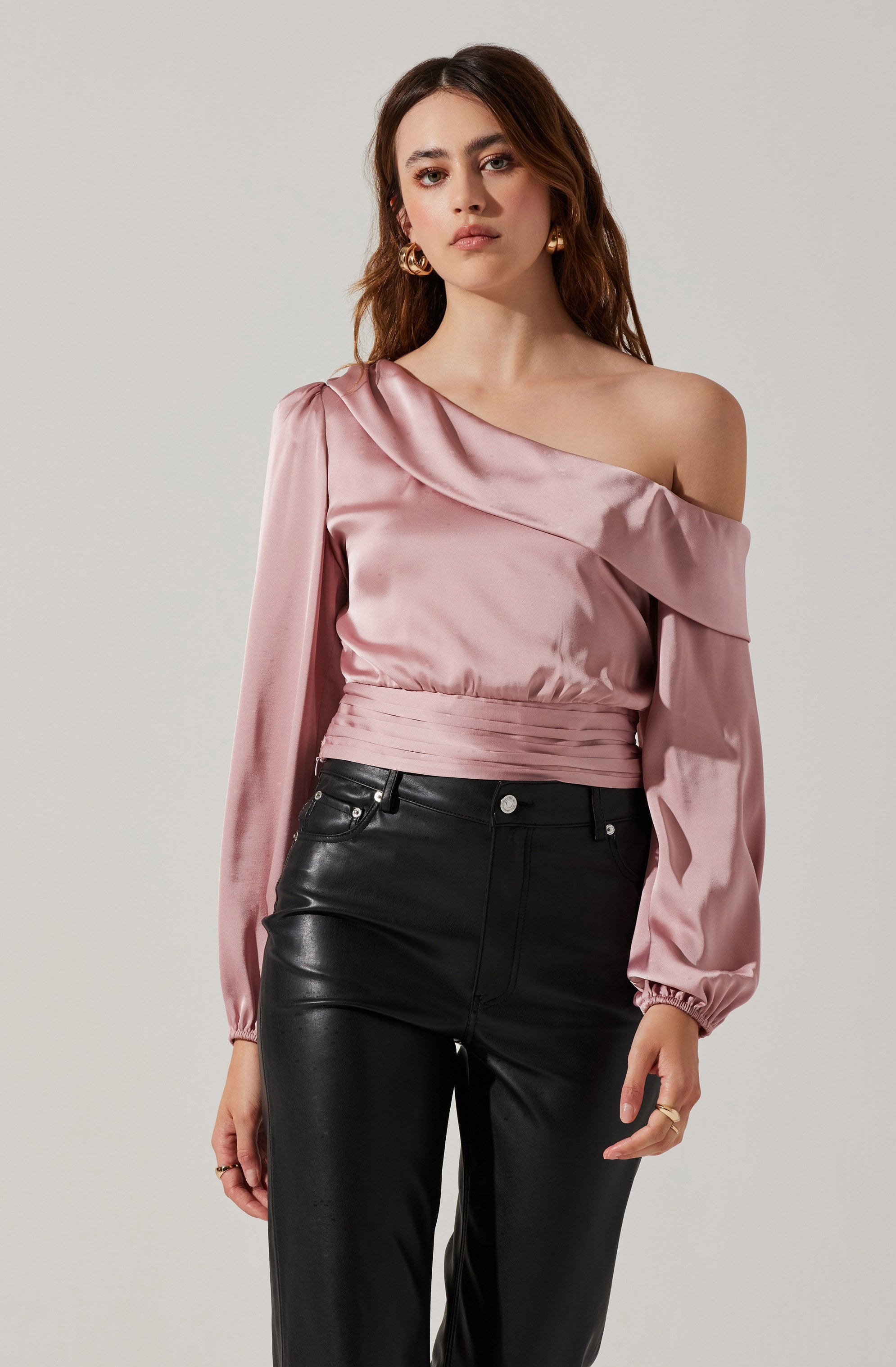 Asymmetrical Cinched Waist Long Sleeve Top-Aljck