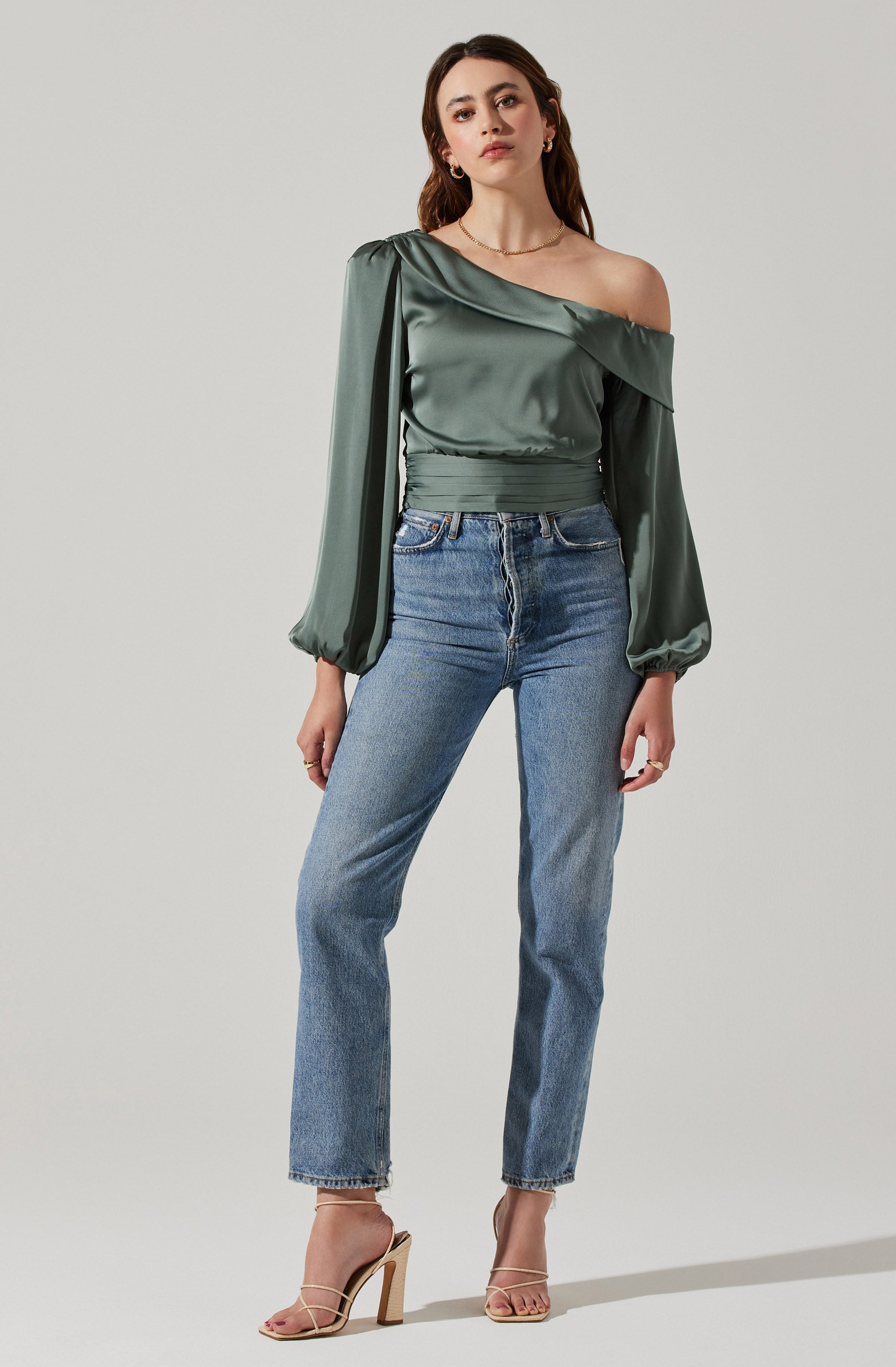 Asymmetrical Cinched Waist Long Sleeve Top-Aljck