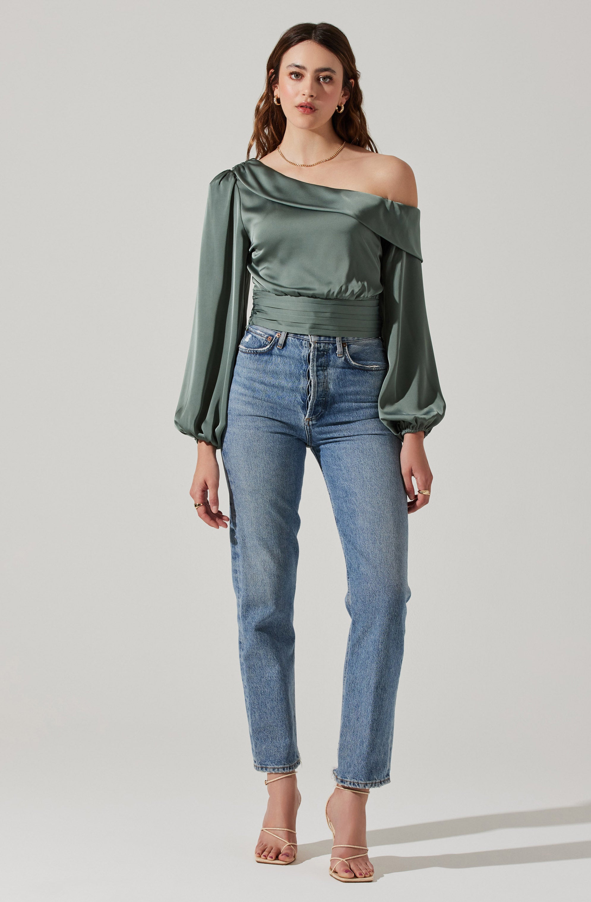 Asymmetrical Cinched Waist Long Sleeve Top-Aljck