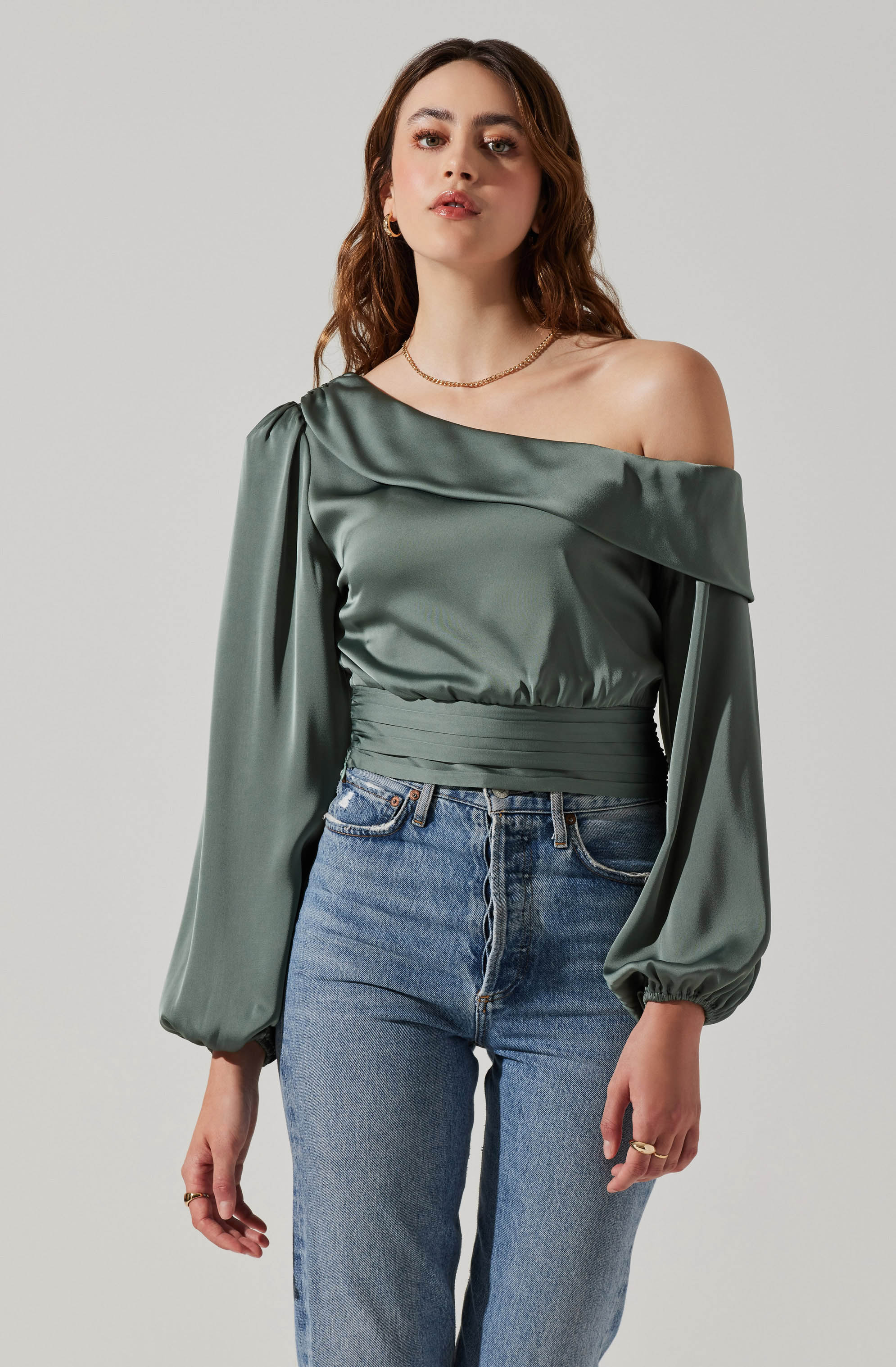 Asymmetrical Cinched Waist Long Sleeve Top-Aljck