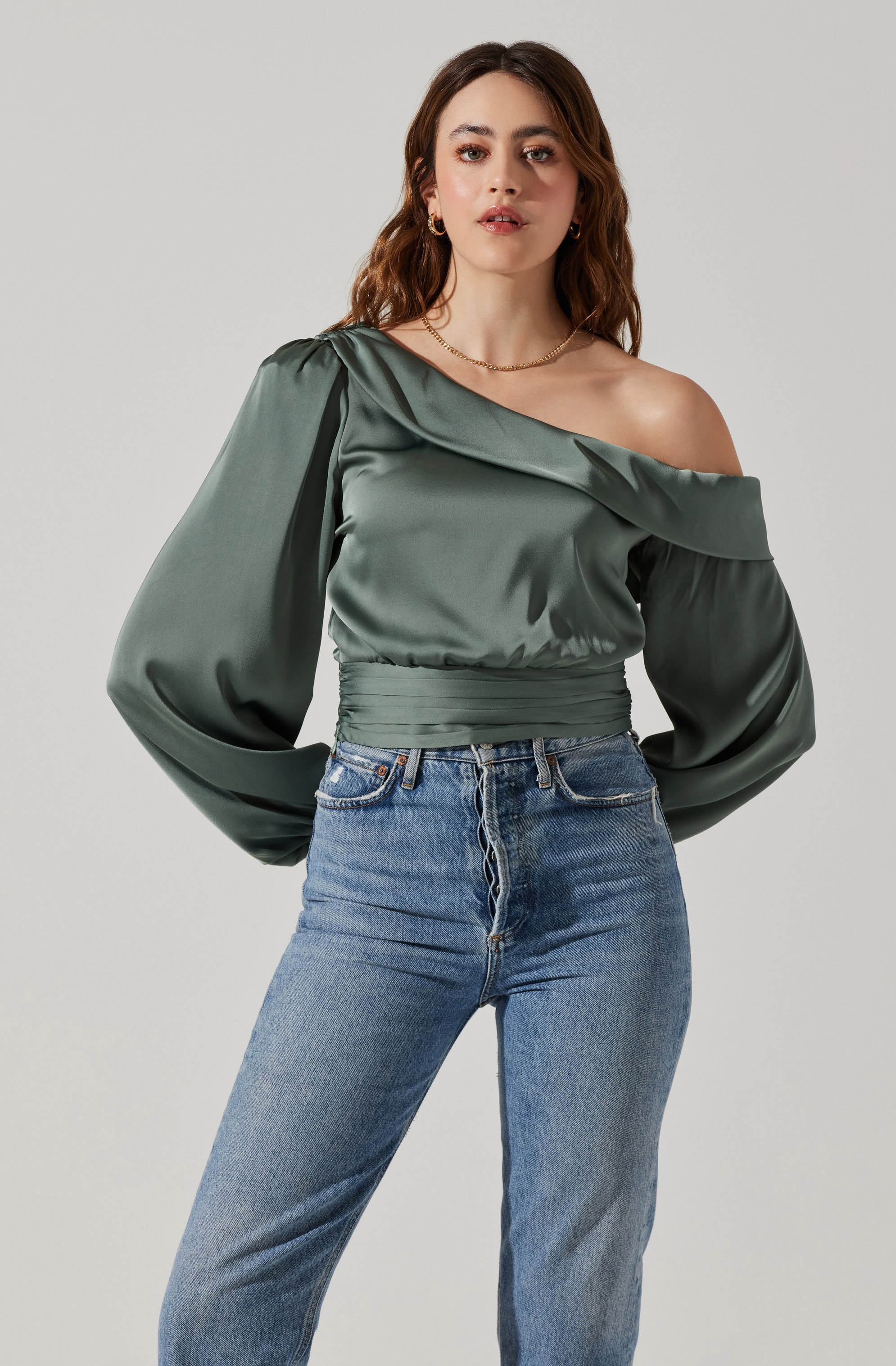 Asymmetrical Cinched Waist Long Sleeve Top-Aljck