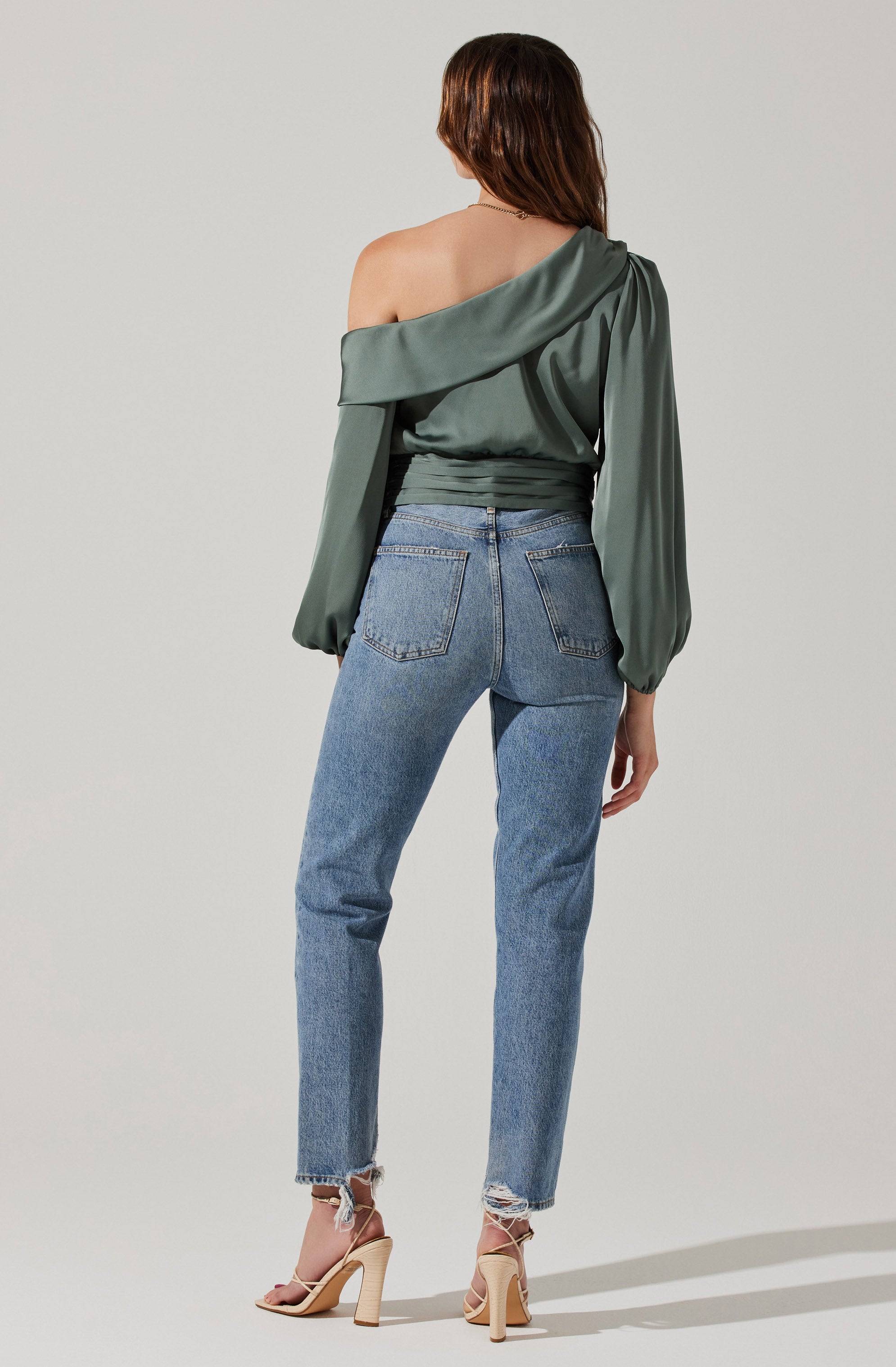 Asymmetrical Cinched Waist Long Sleeve Top-Aljck