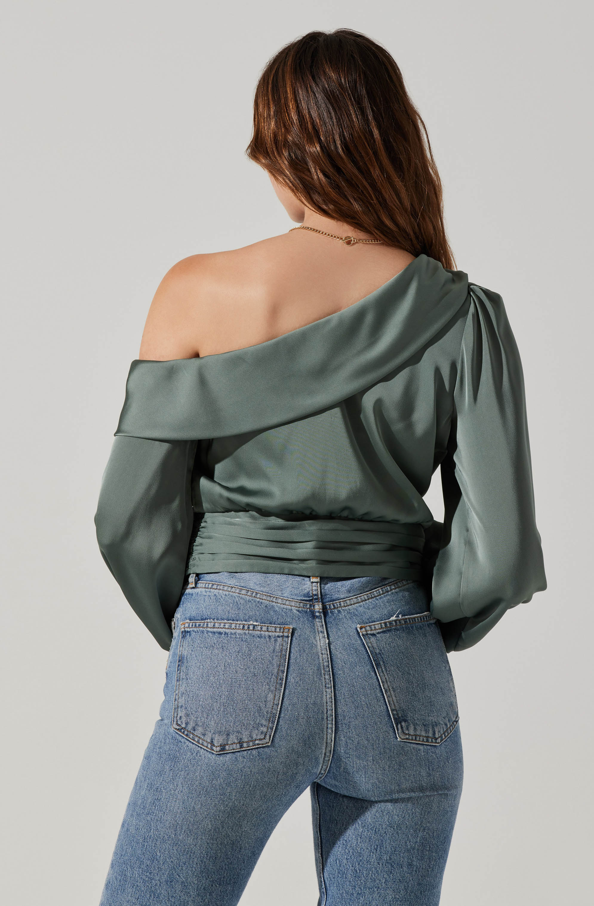 Asymmetrical Cinched Waist Long Sleeve Top-Aljck