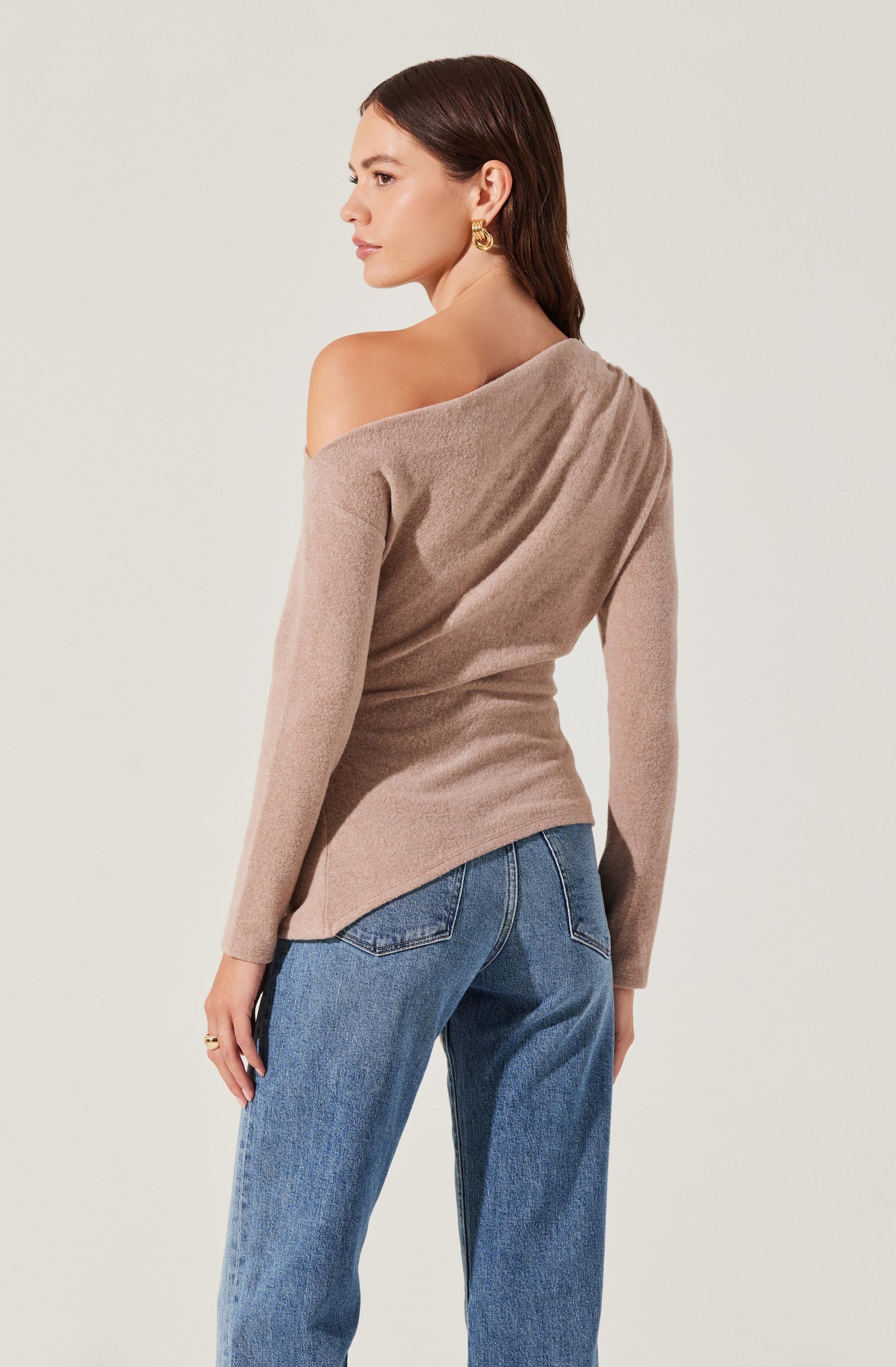 Asymmetrical Off Shoulder Tie Knit Top-Aljck
