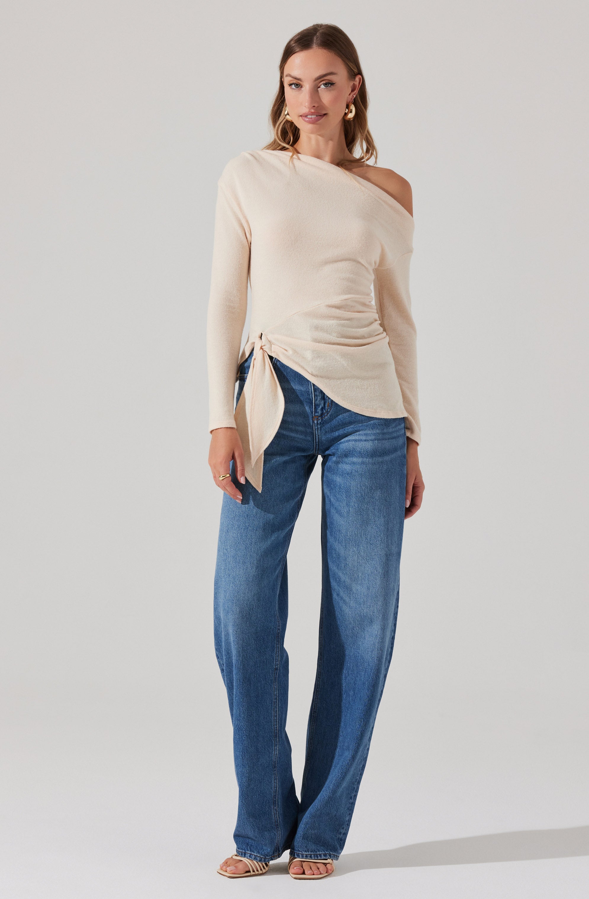 Asymmetrical Off Shoulder Tie Knit Top-Aljck