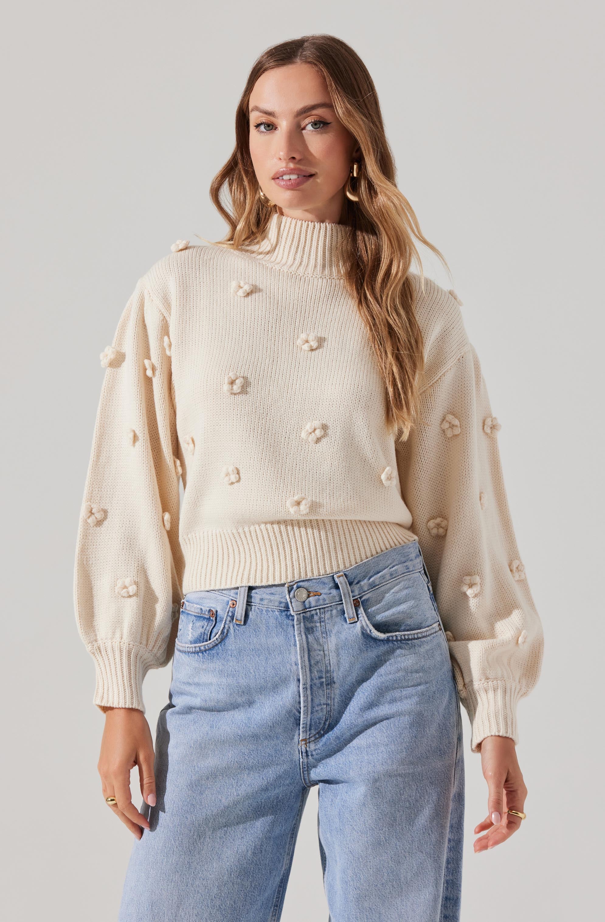 Mock Neck Flower Sweater-Aljck