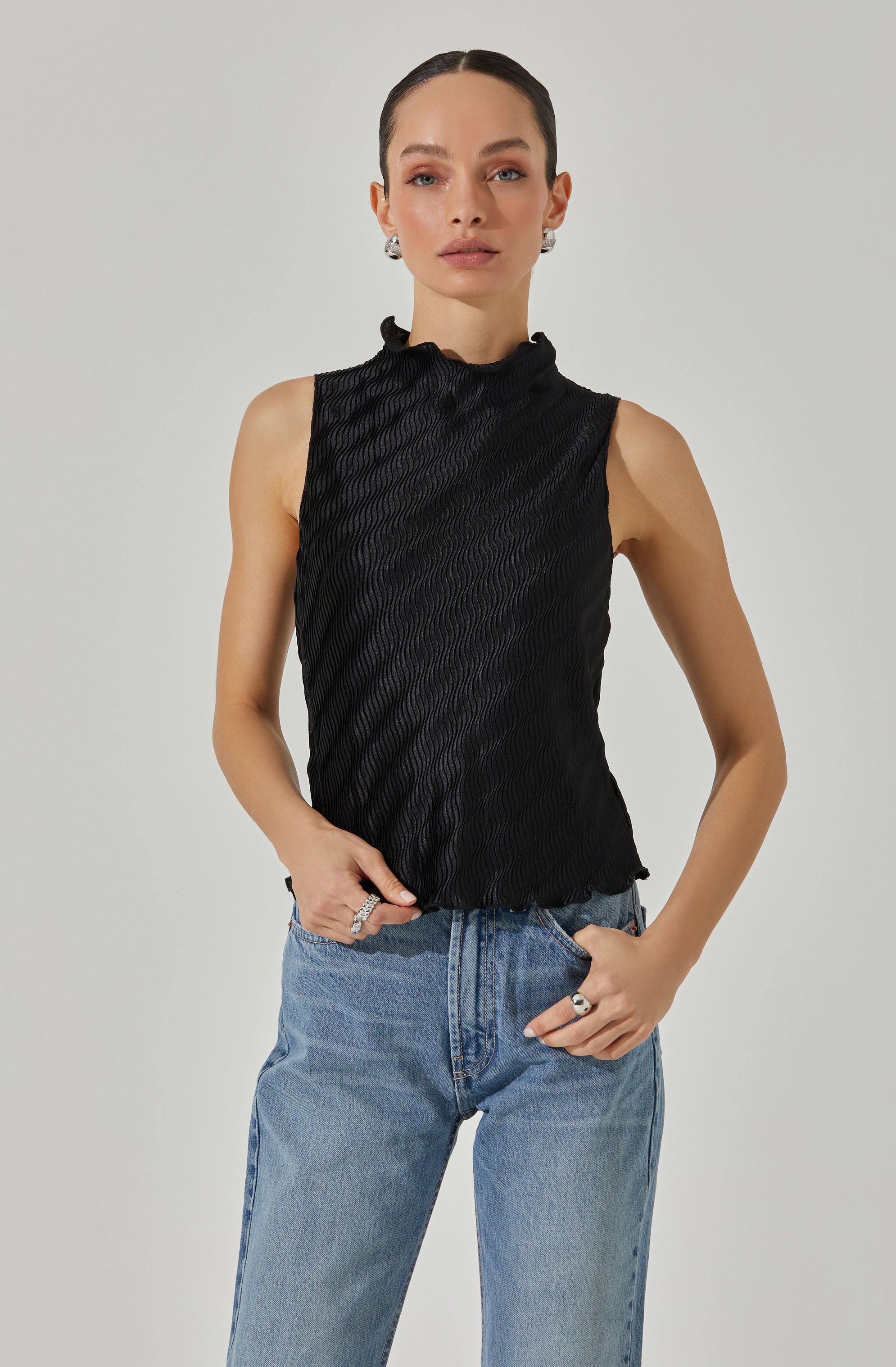Plisse Sleeveless Mock Neck Top-Aljck