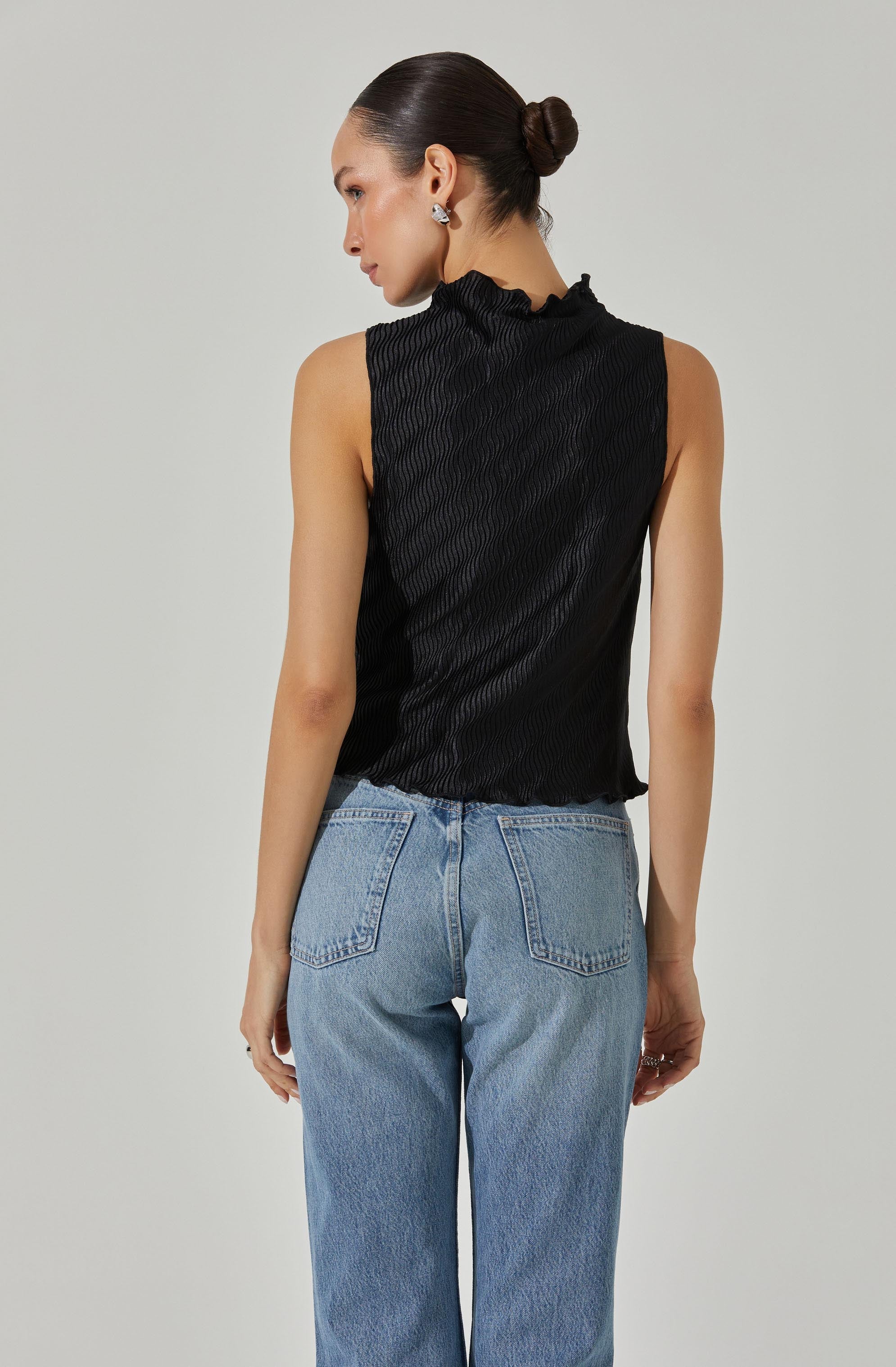 Plisse Sleeveless Mock Neck Top-Aljck