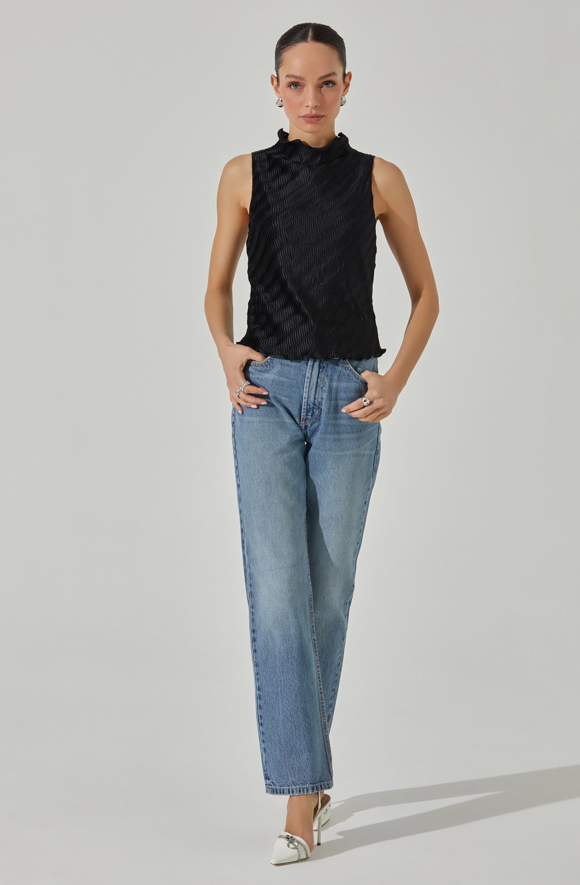 Plisse Sleeveless Mock Neck Top-Aljck