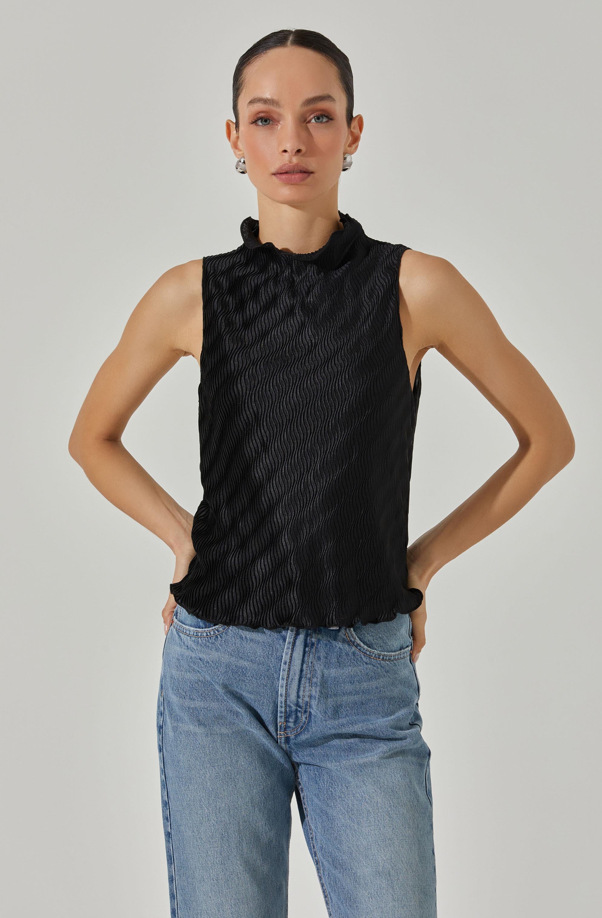 Plisse Sleeveless Mock Neck Top-Aljck
