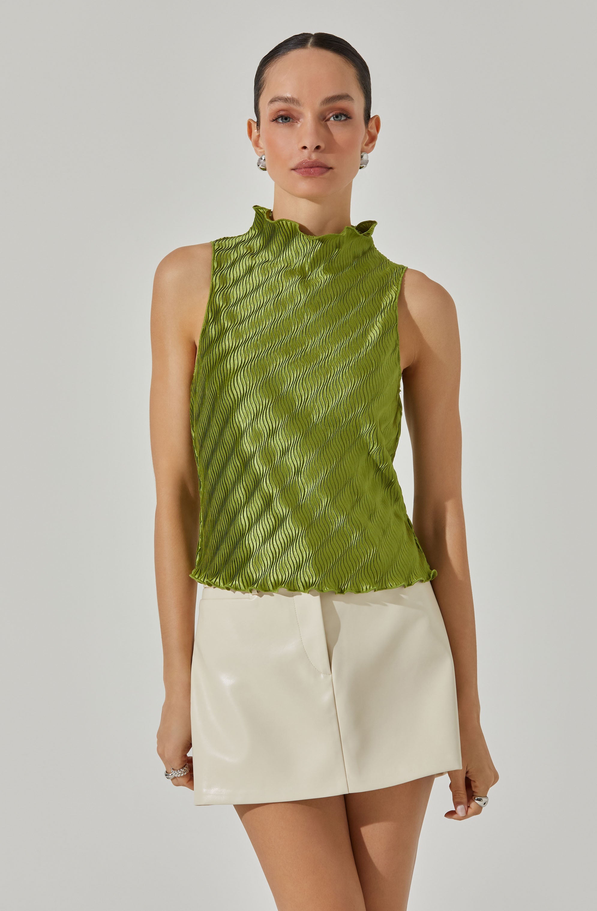 Plisse Sleeveless Mock Neck Top-Aljck