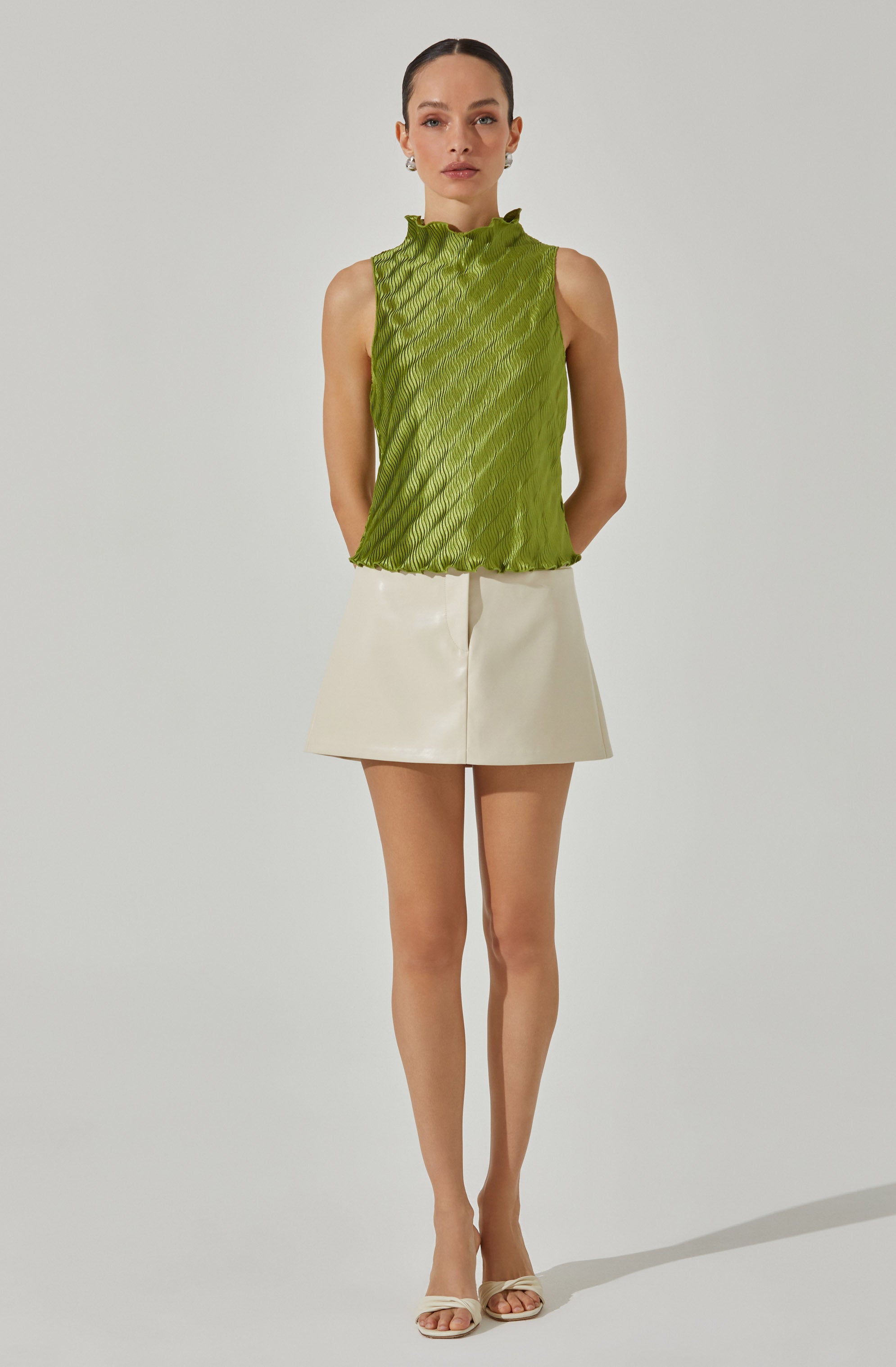 Plisse Sleeveless Mock Neck Top-Aljck