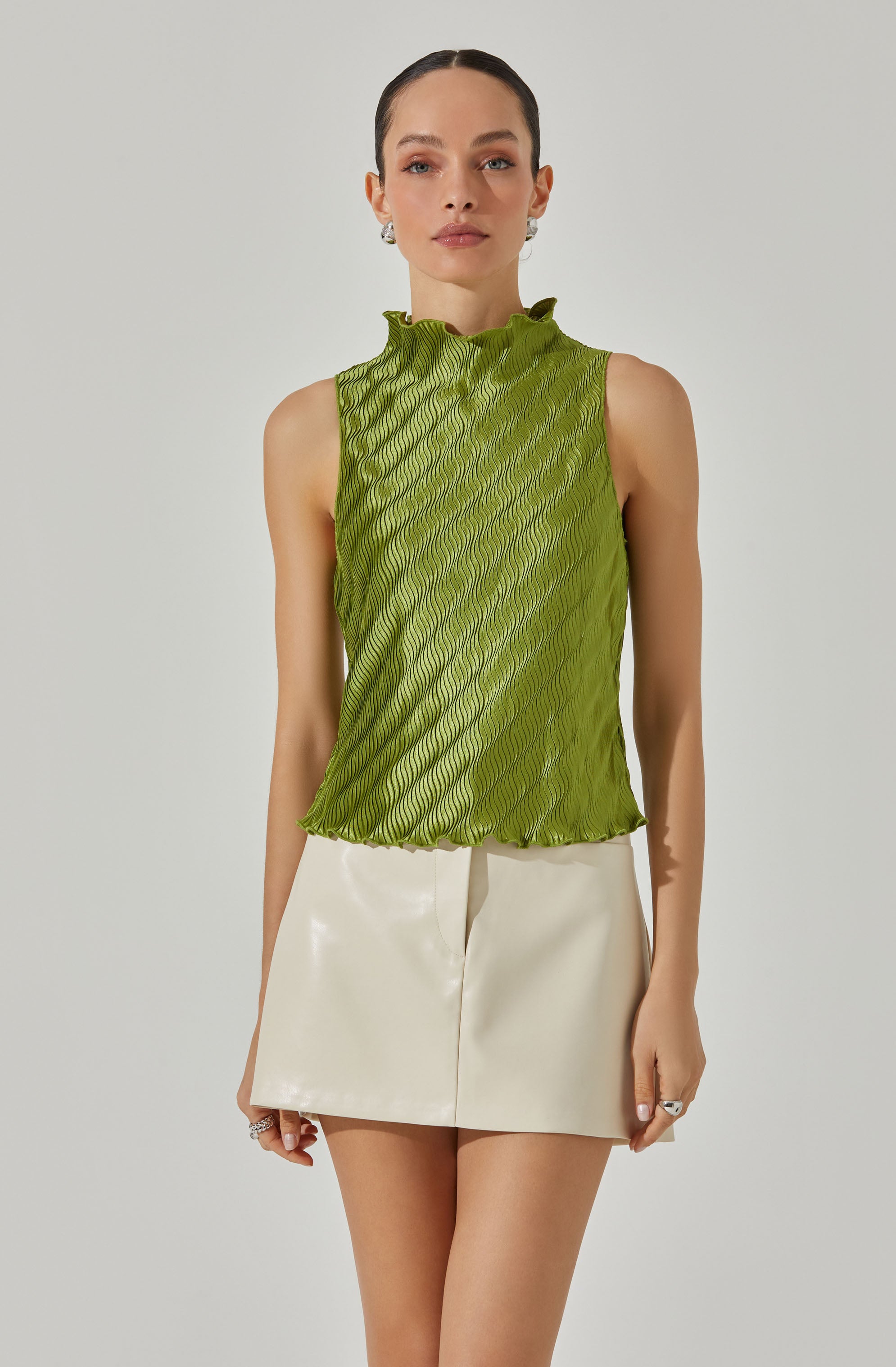 Plisse Sleeveless Mock Neck Top-Aljck