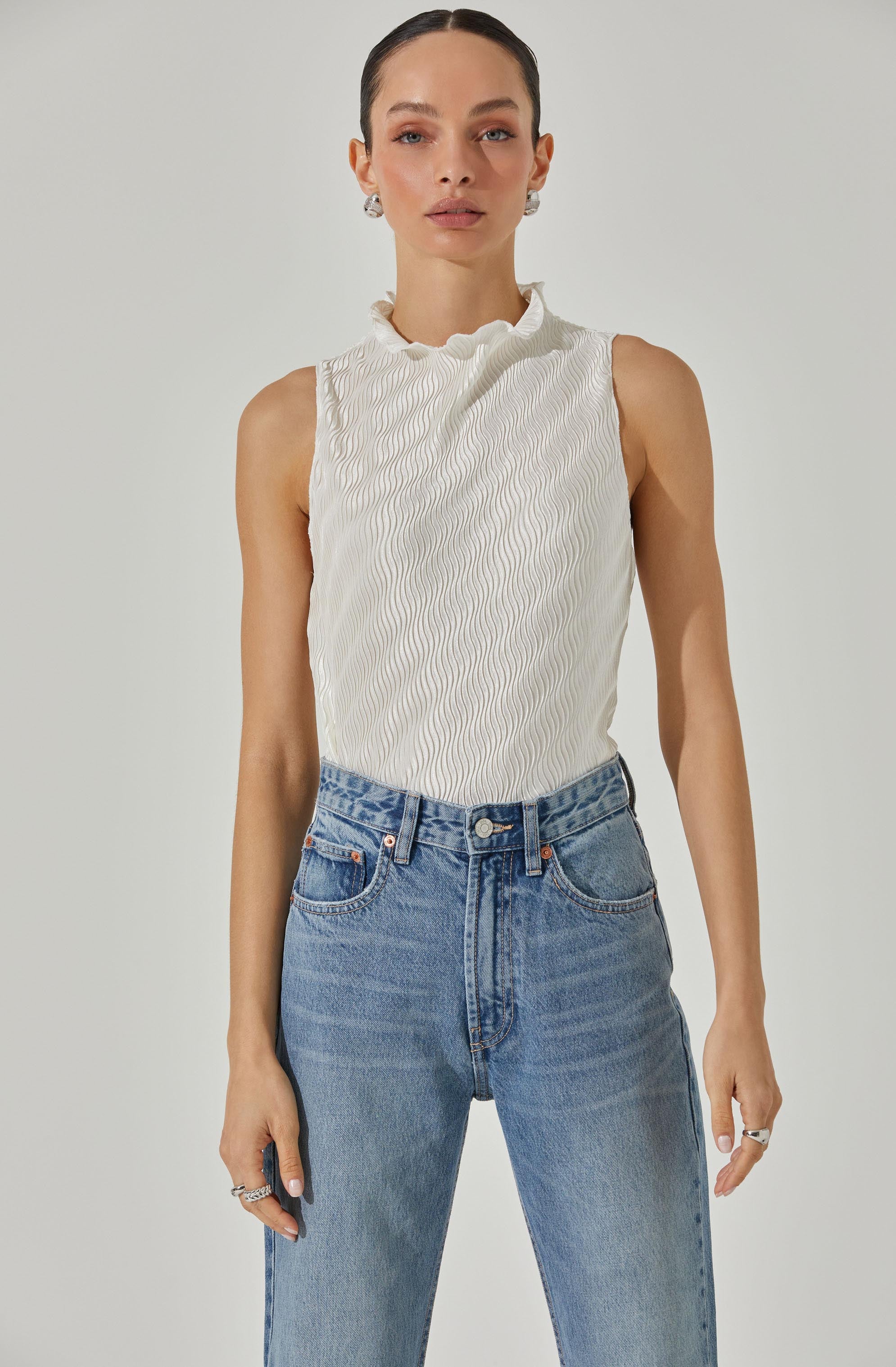 Plisse Sleeveless Mock Neck Top-Aljck