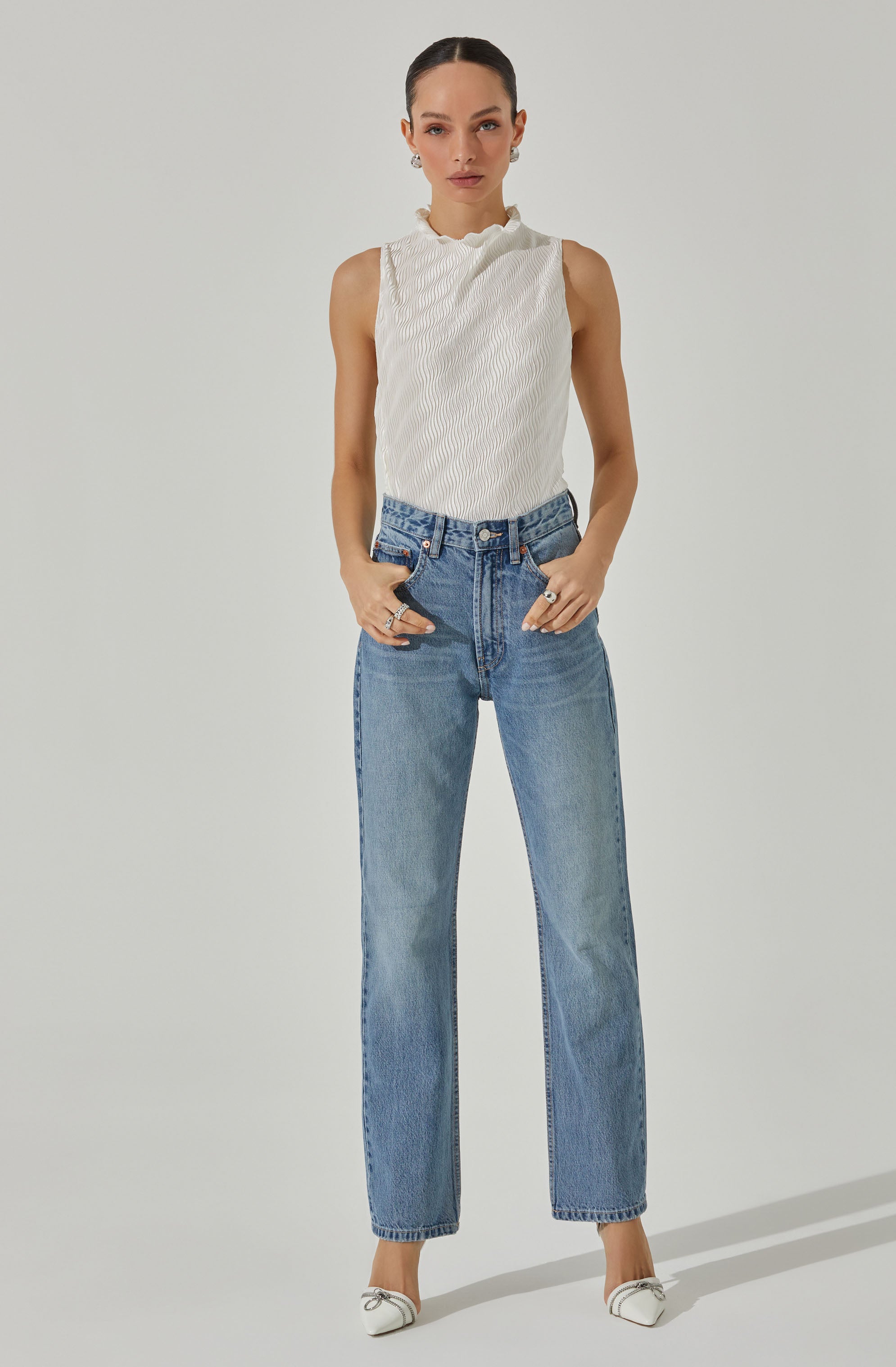 Plisse Sleeveless Mock Neck Top-Aljck