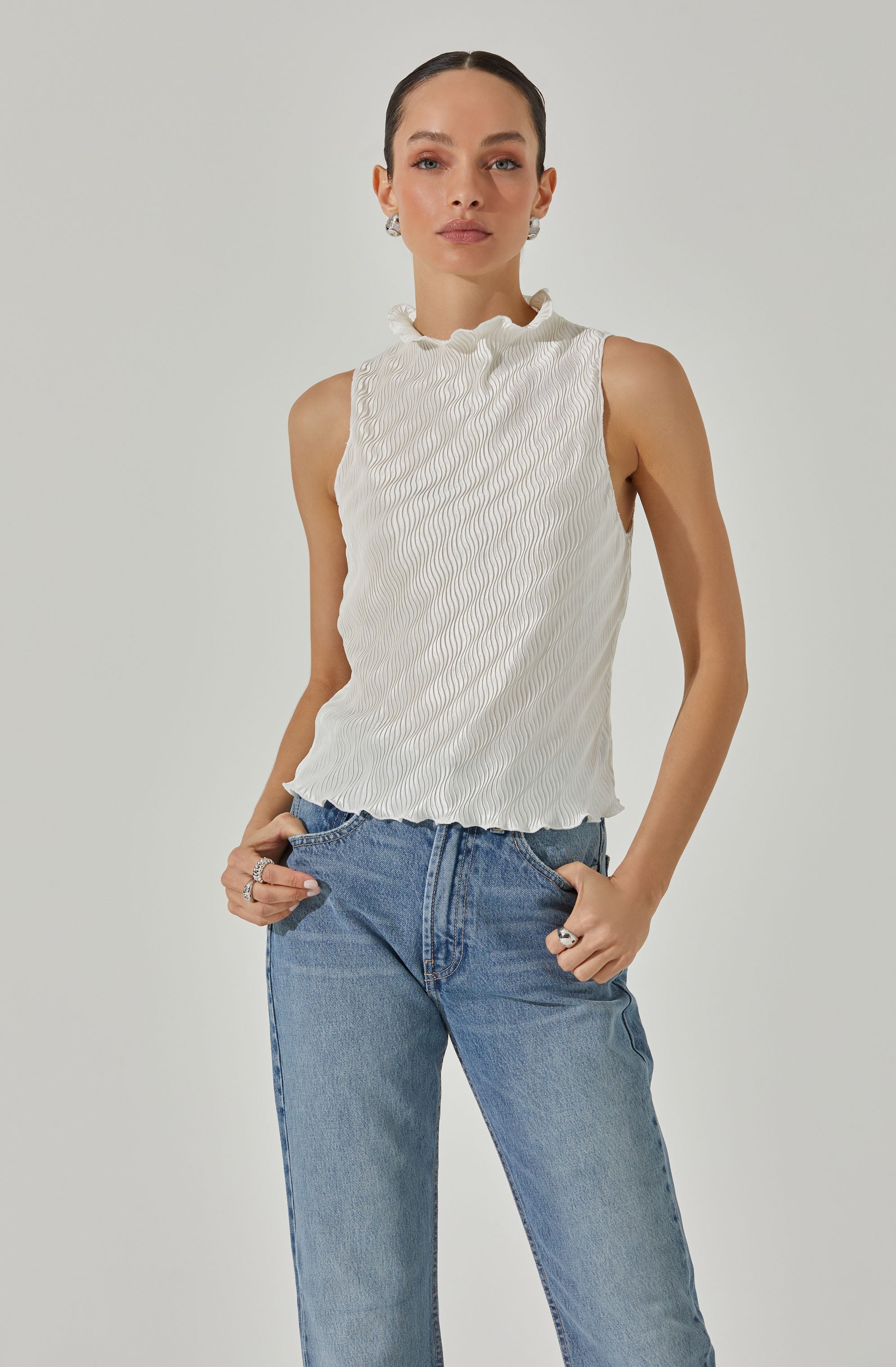 Plisse Sleeveless Mock Neck Top-Aljck