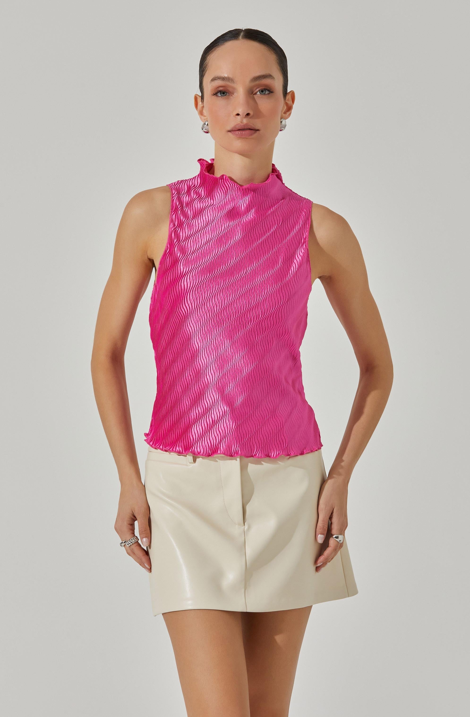 Plisse Sleeveless Mock Neck Top-Aljck