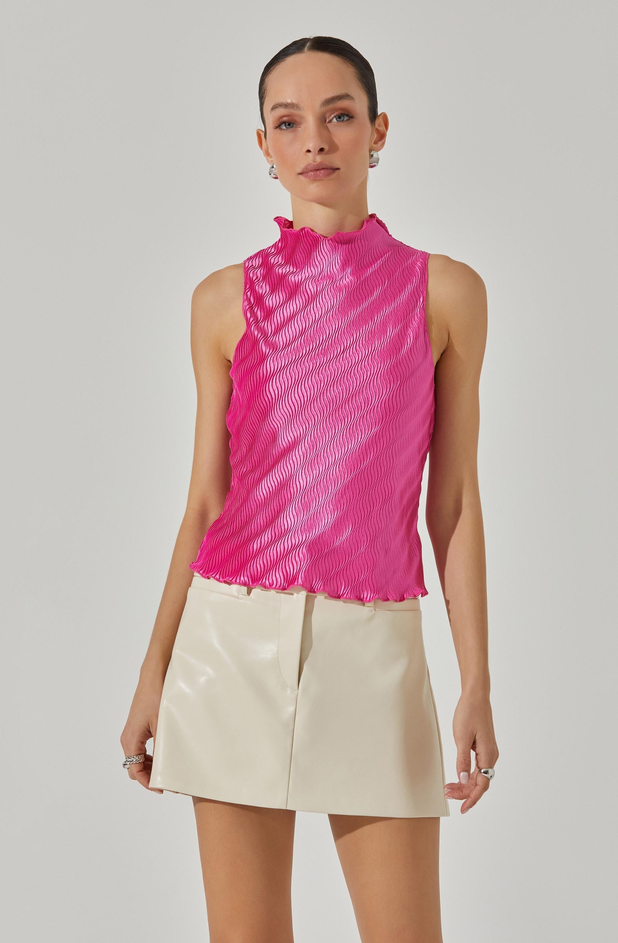 Plisse Sleeveless Mock Neck Top-Aljck