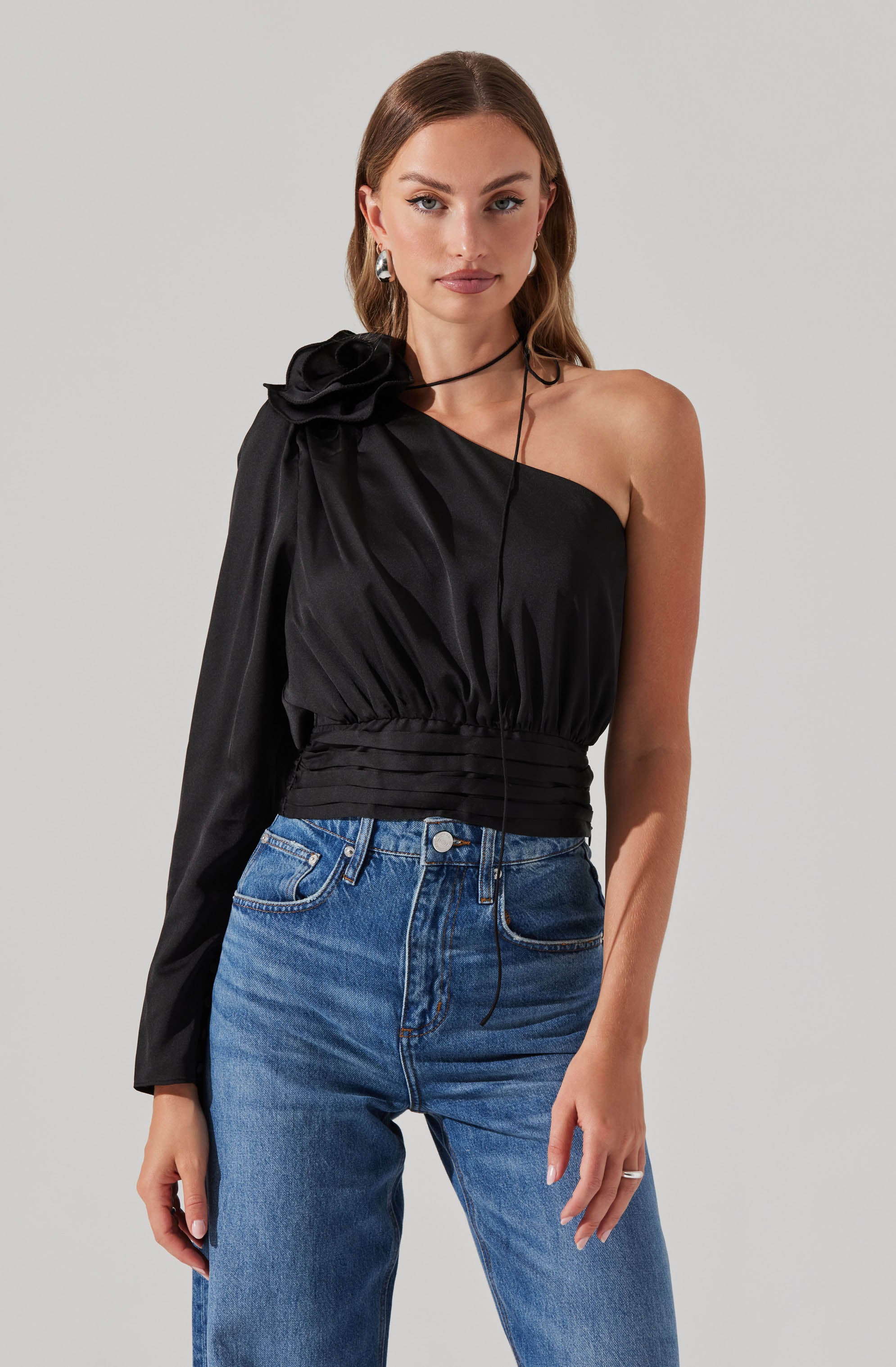 Flower Corsage Asymmetrical Top-Aljck