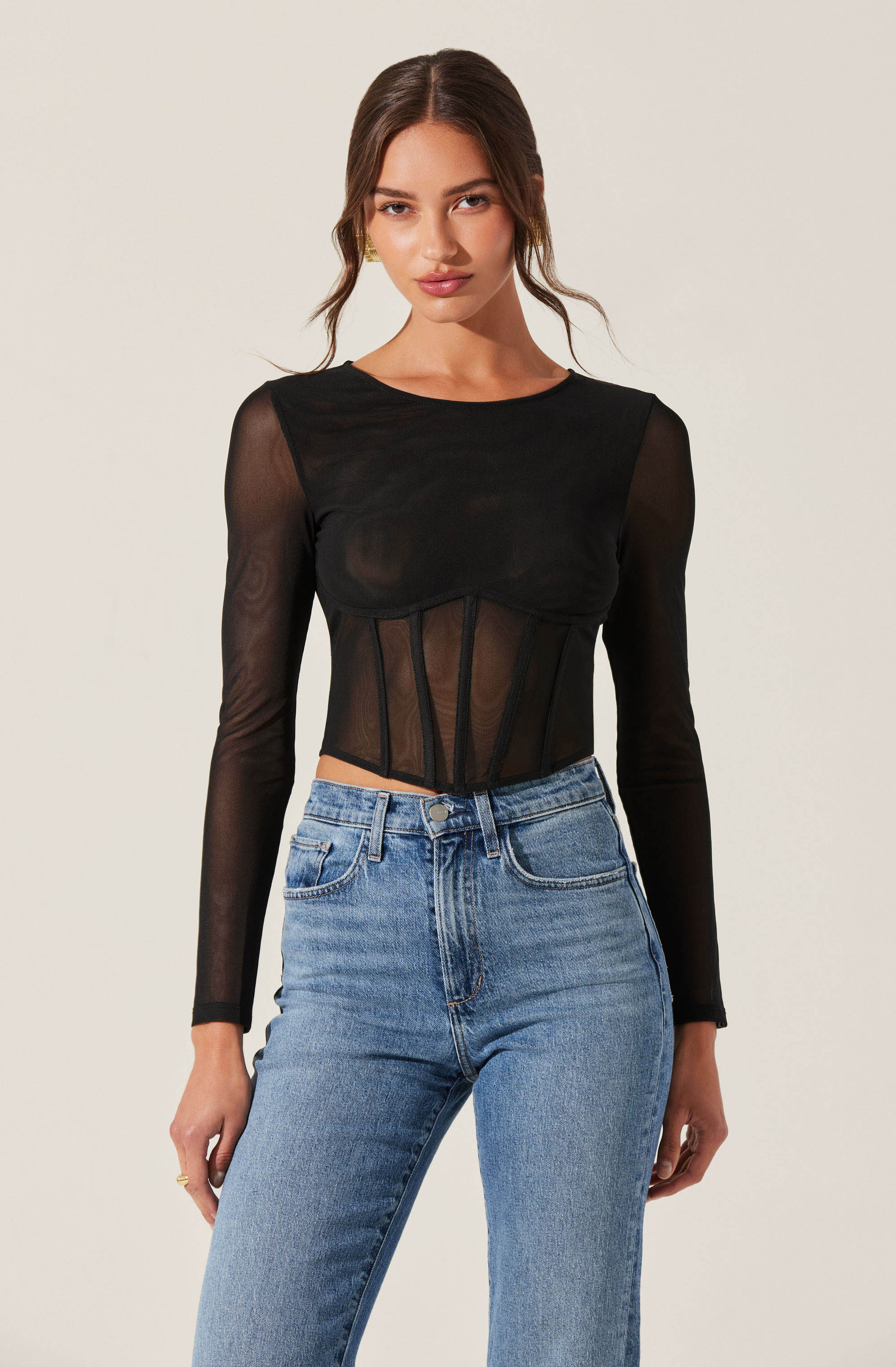 Long Sleeve Mesh Corset Top-Aljck