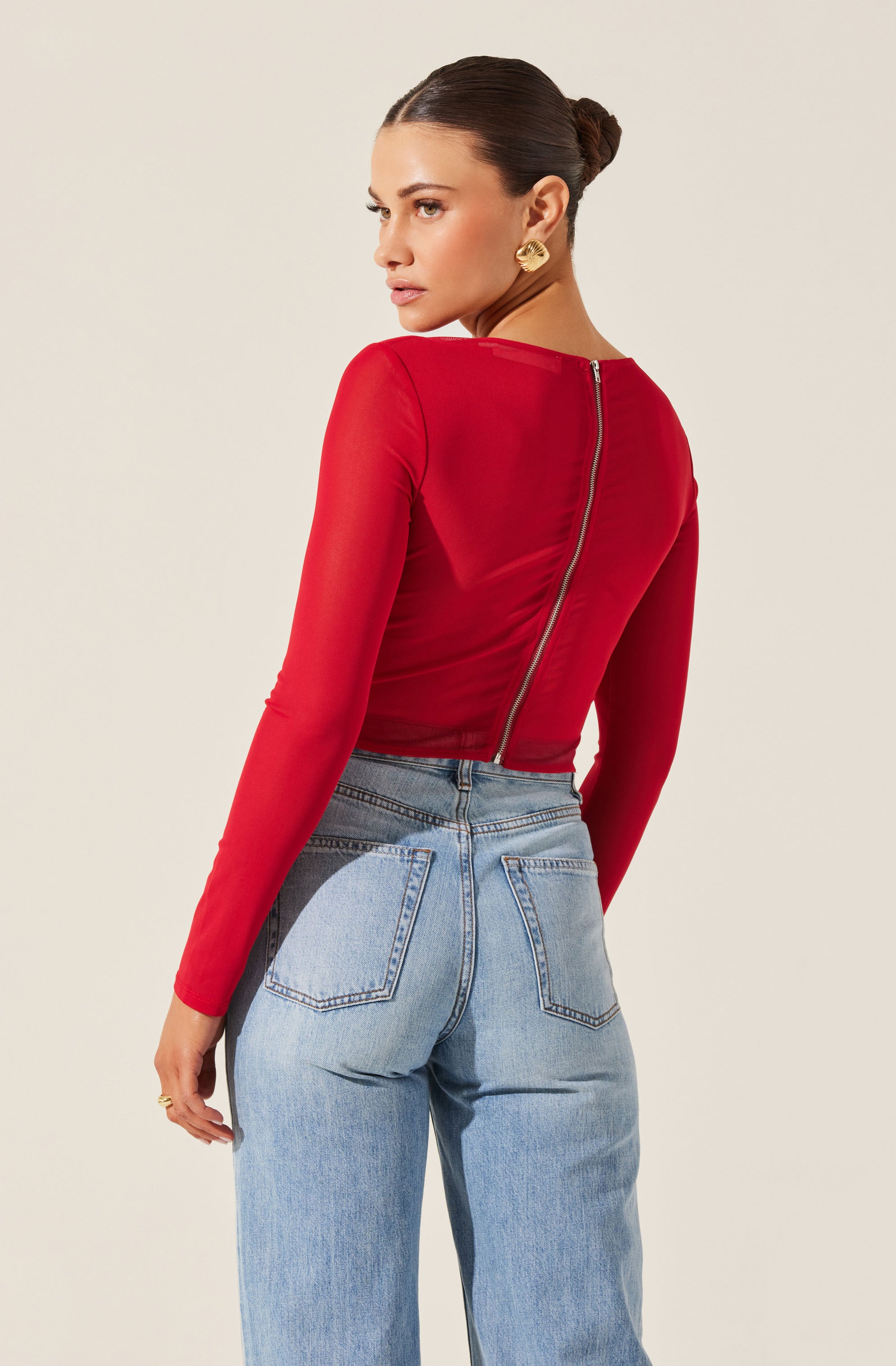 Long Sleeve Mesh Corset Top-Aljck