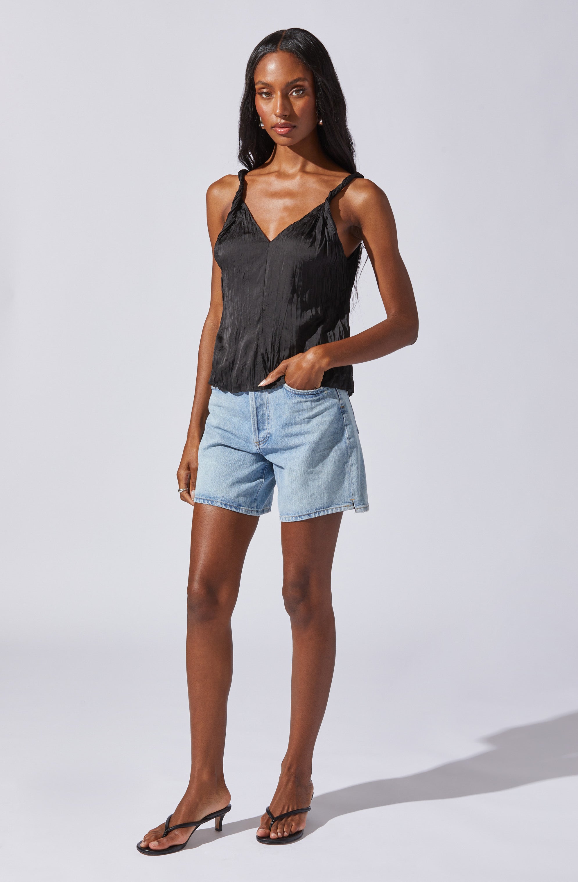 Plisse V-Neck Tank Top-Aljck