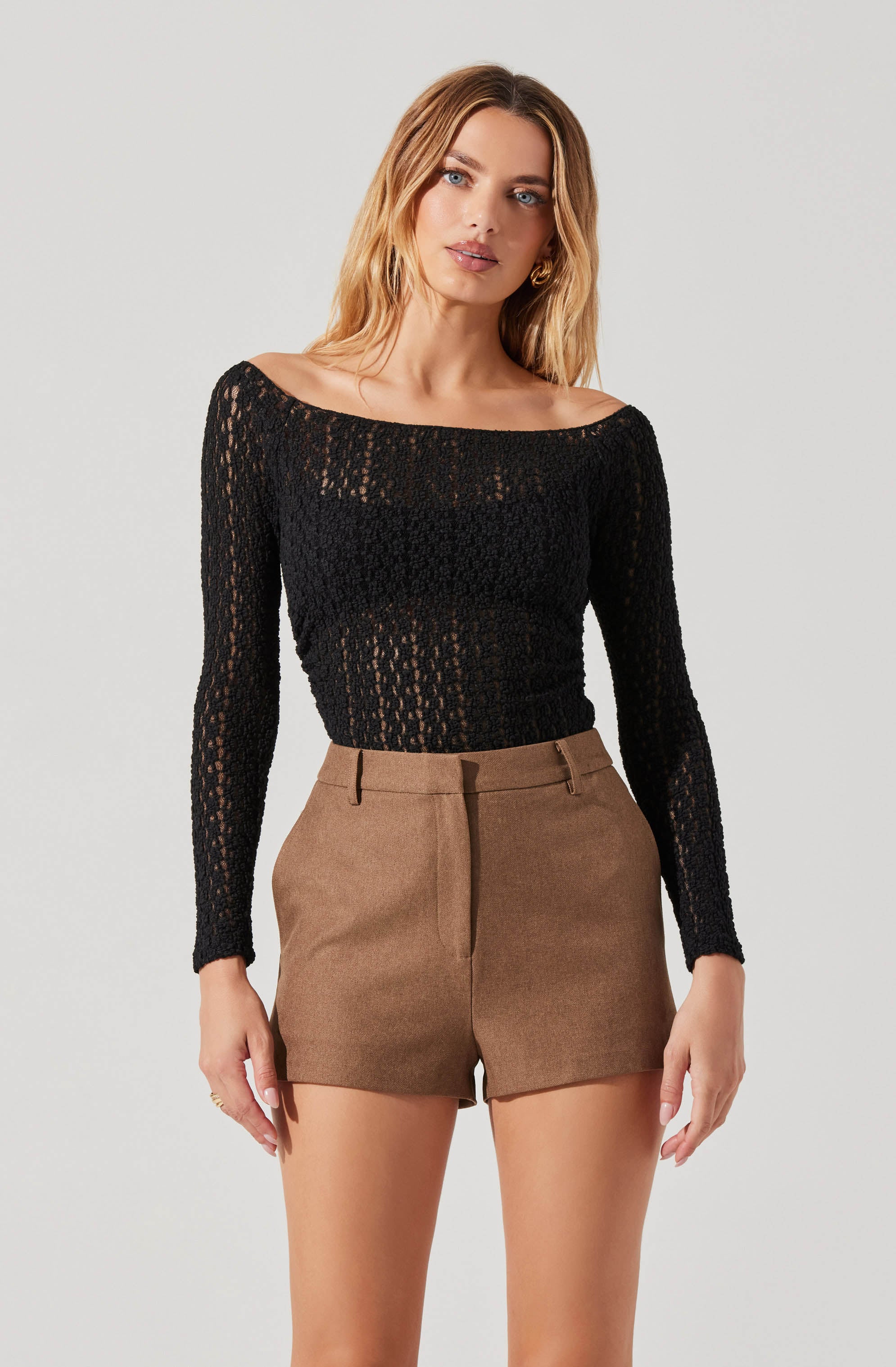 Boat Neck Open Knit Top-Aljck