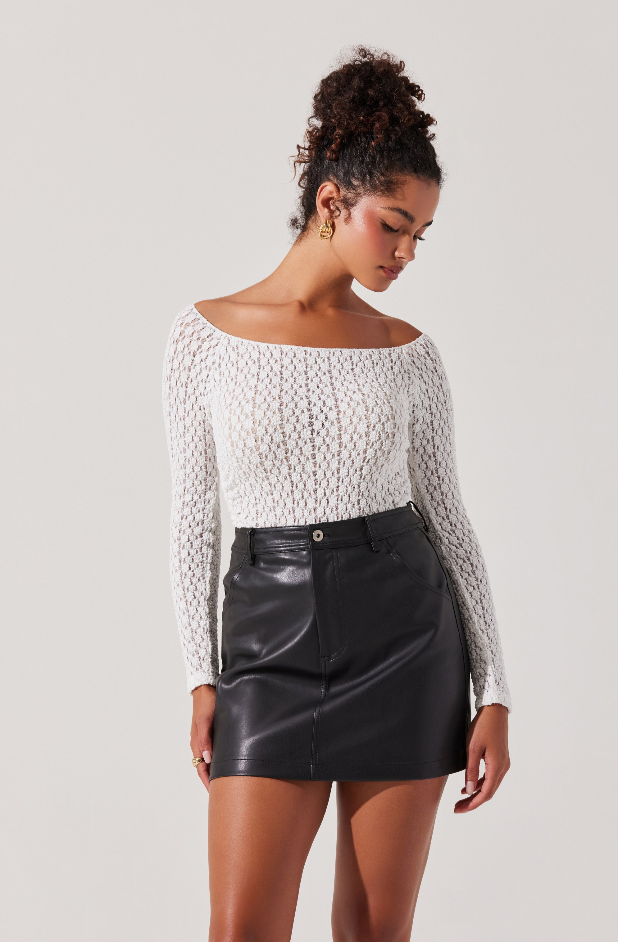 Boat Neck Open Knit Top-Aljck