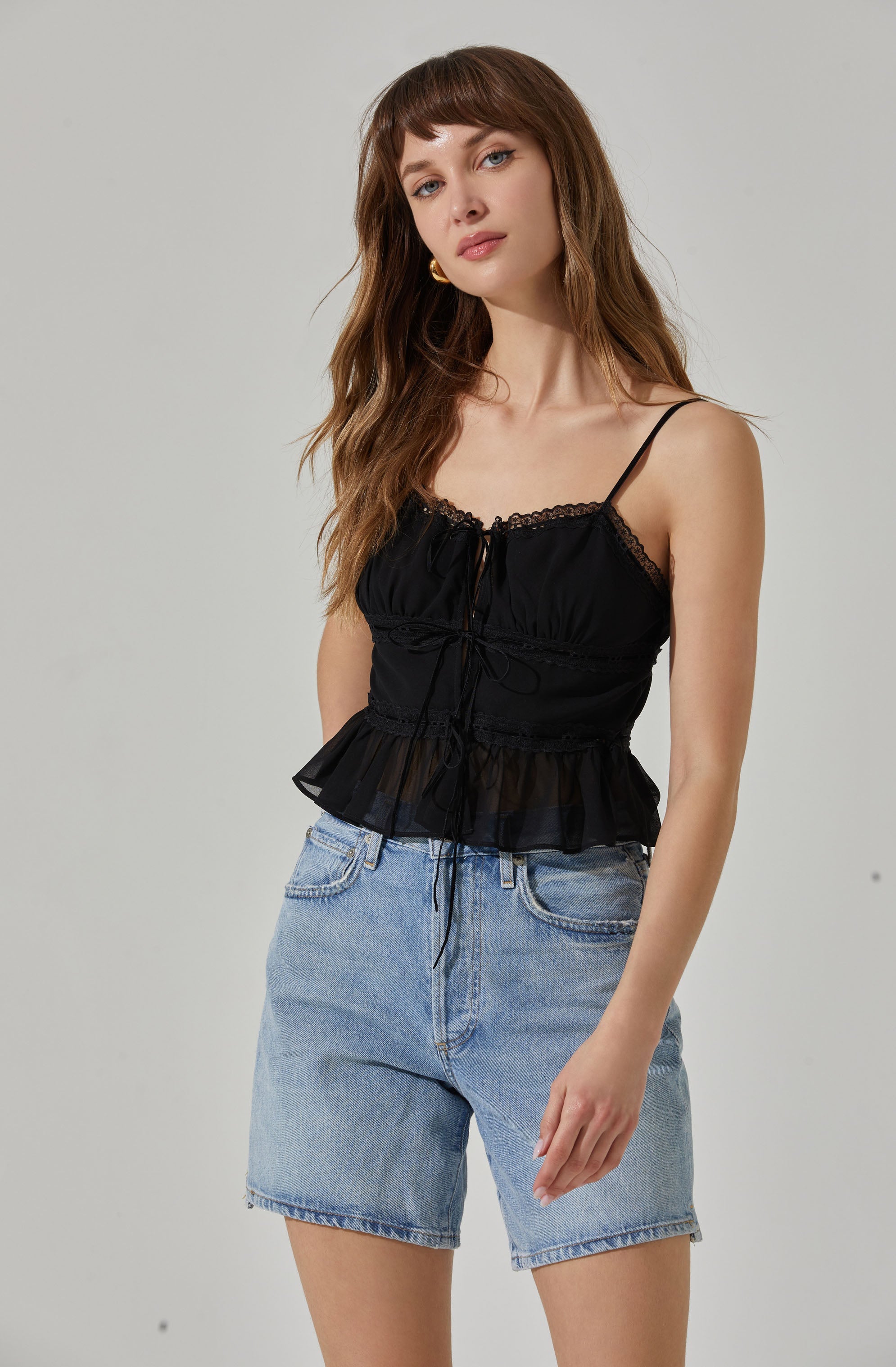 Tie-front Lace Trim Peplum Top-Aljck