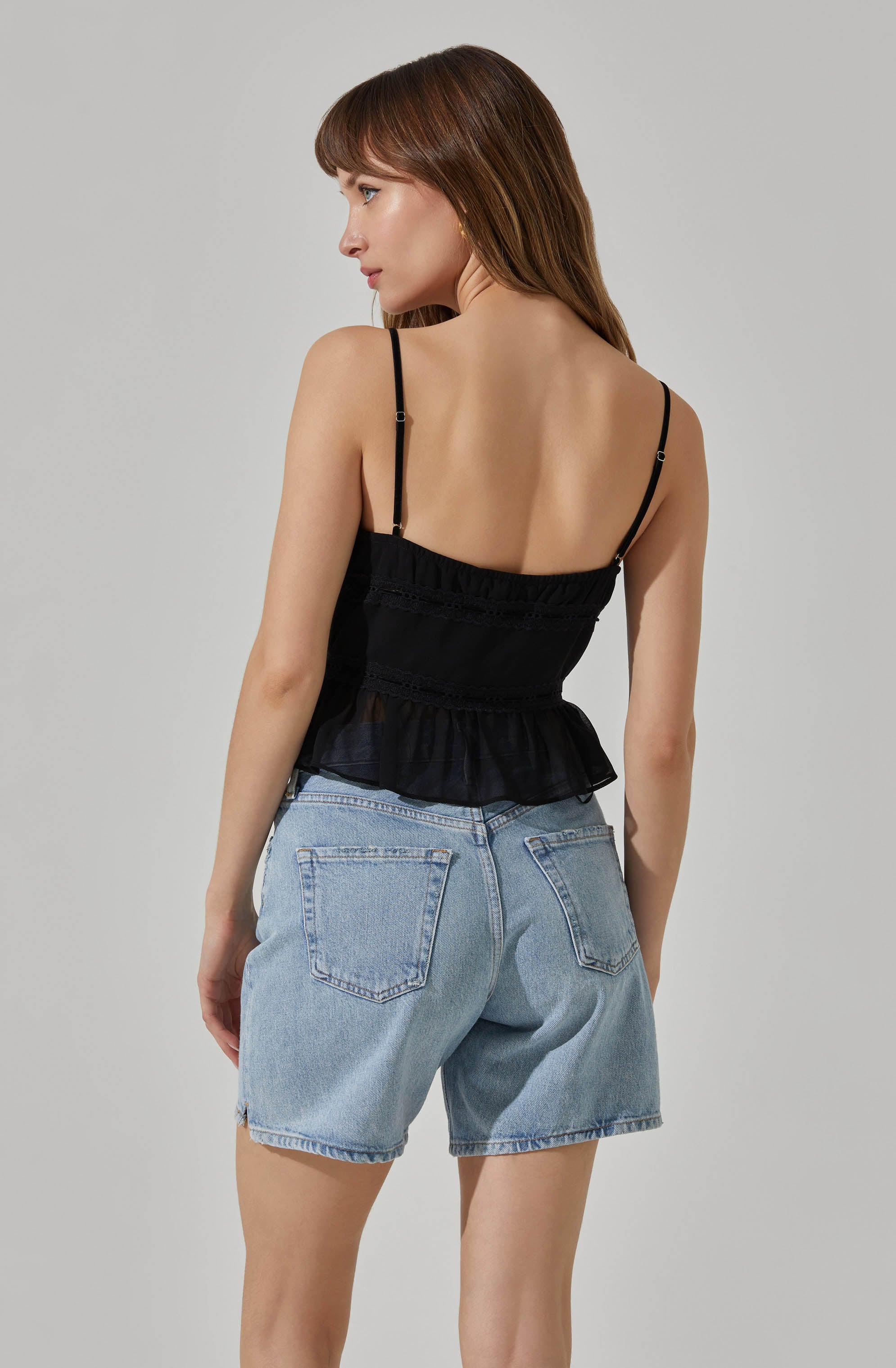 Tie-front Lace Trim Peplum Top-Aljck