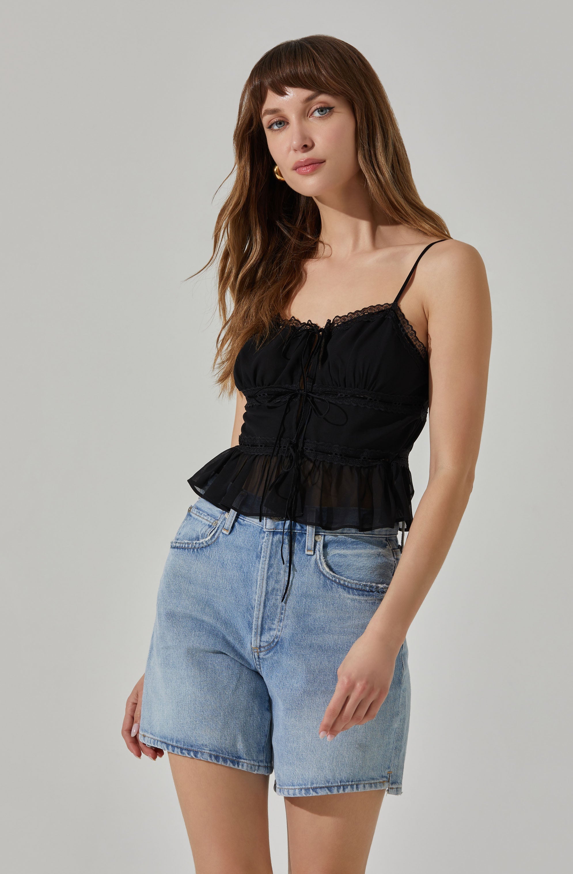 Tie-front Lace Trim Peplum Top-Aljck