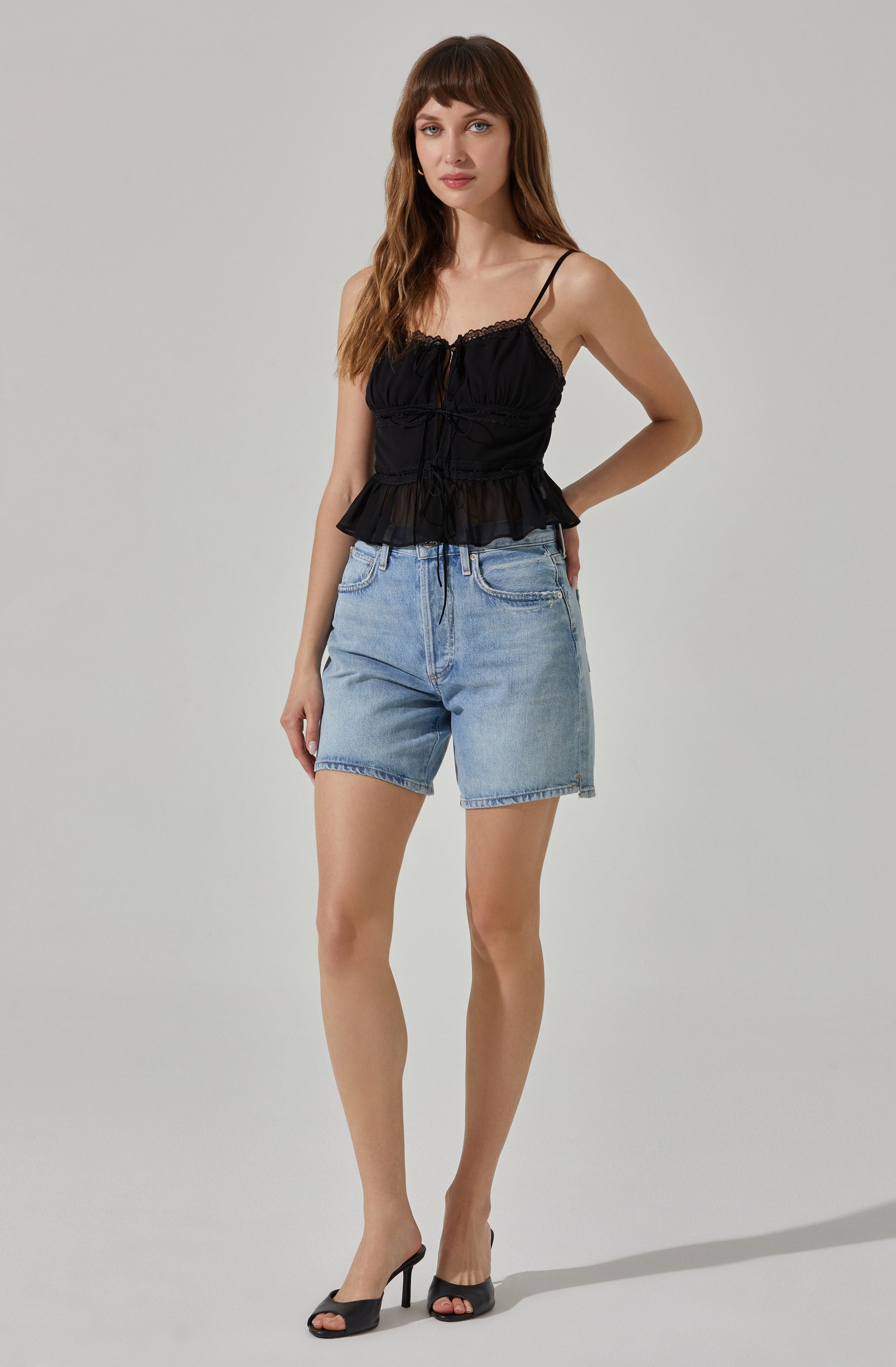 Tie-front Lace Trim Peplum Top-Aljck