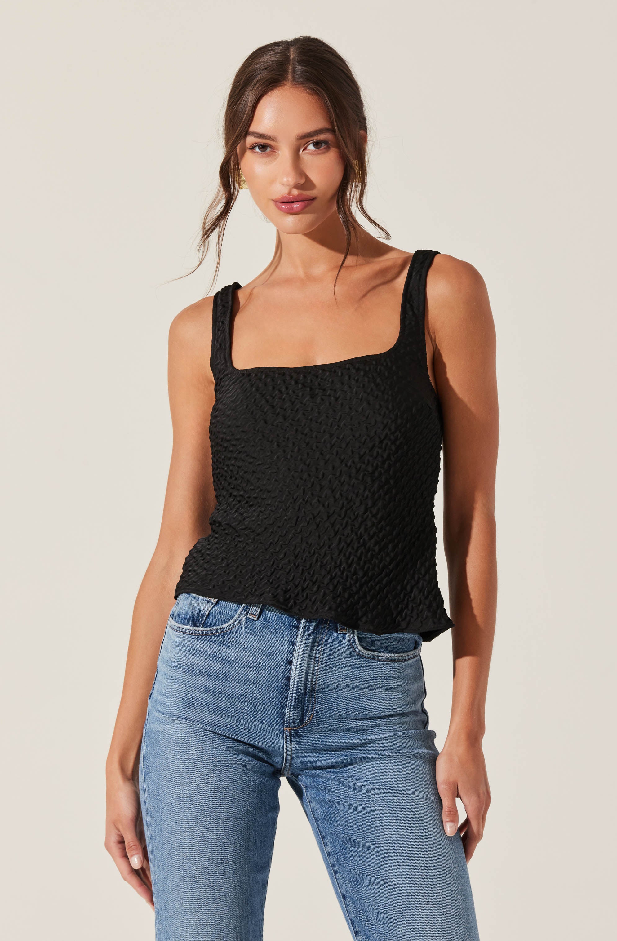 Textured Square Neck Tank Top-Aljck